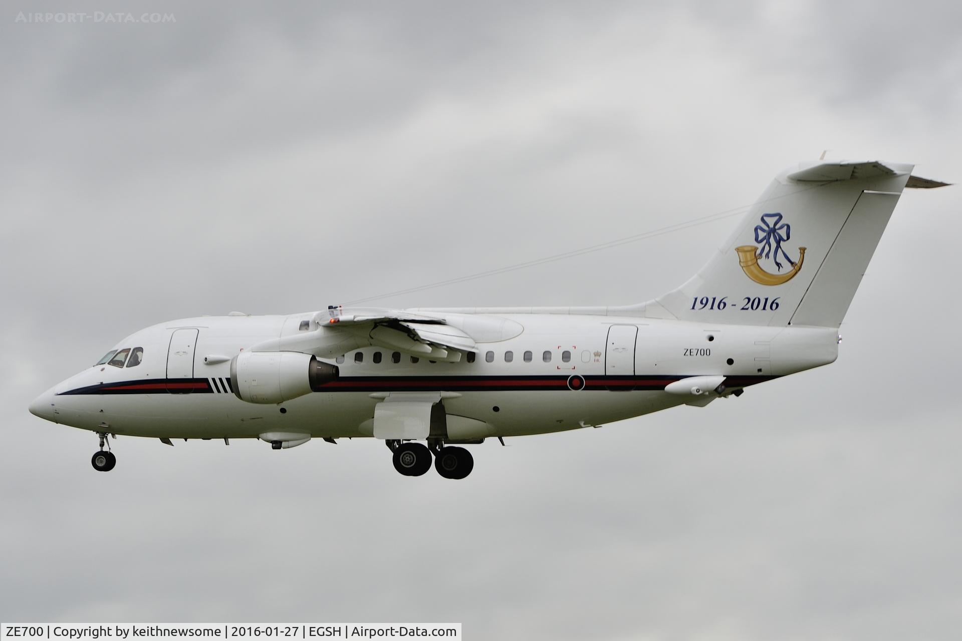 ZE700, 1984 British Aerospace BAe.146-100 CC.2 C/N E1021, With 1916-2016 logo.