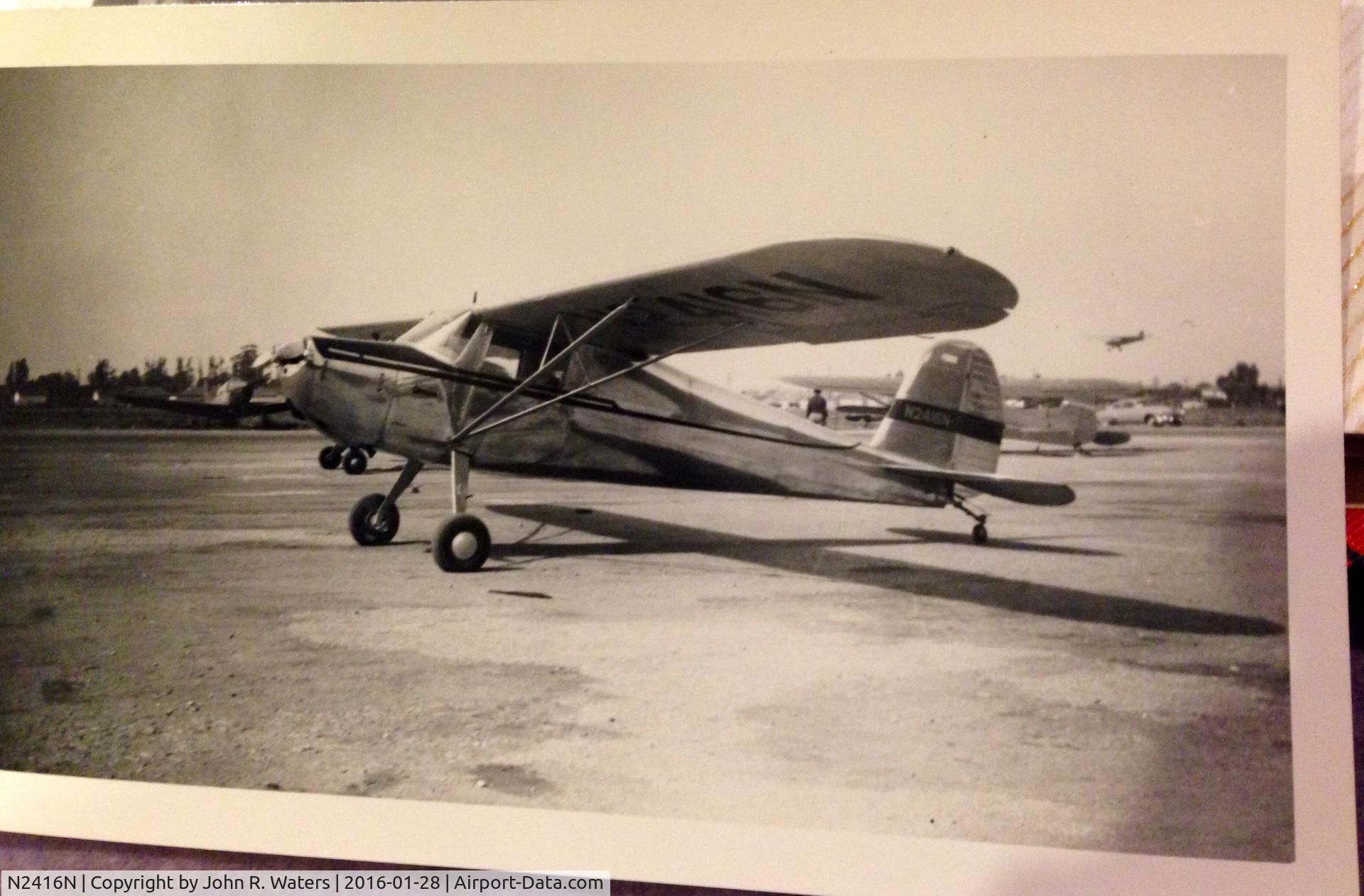 N2416N, 1947 Cessna 120 C/N 12665, I found this photo in my parents photo album this morning. Maybe first owner.?My father, John R. Waters had taken the picture in 1947. Both of my parents have passed away so unable to provide any further info. My older sister was born in 1947.
