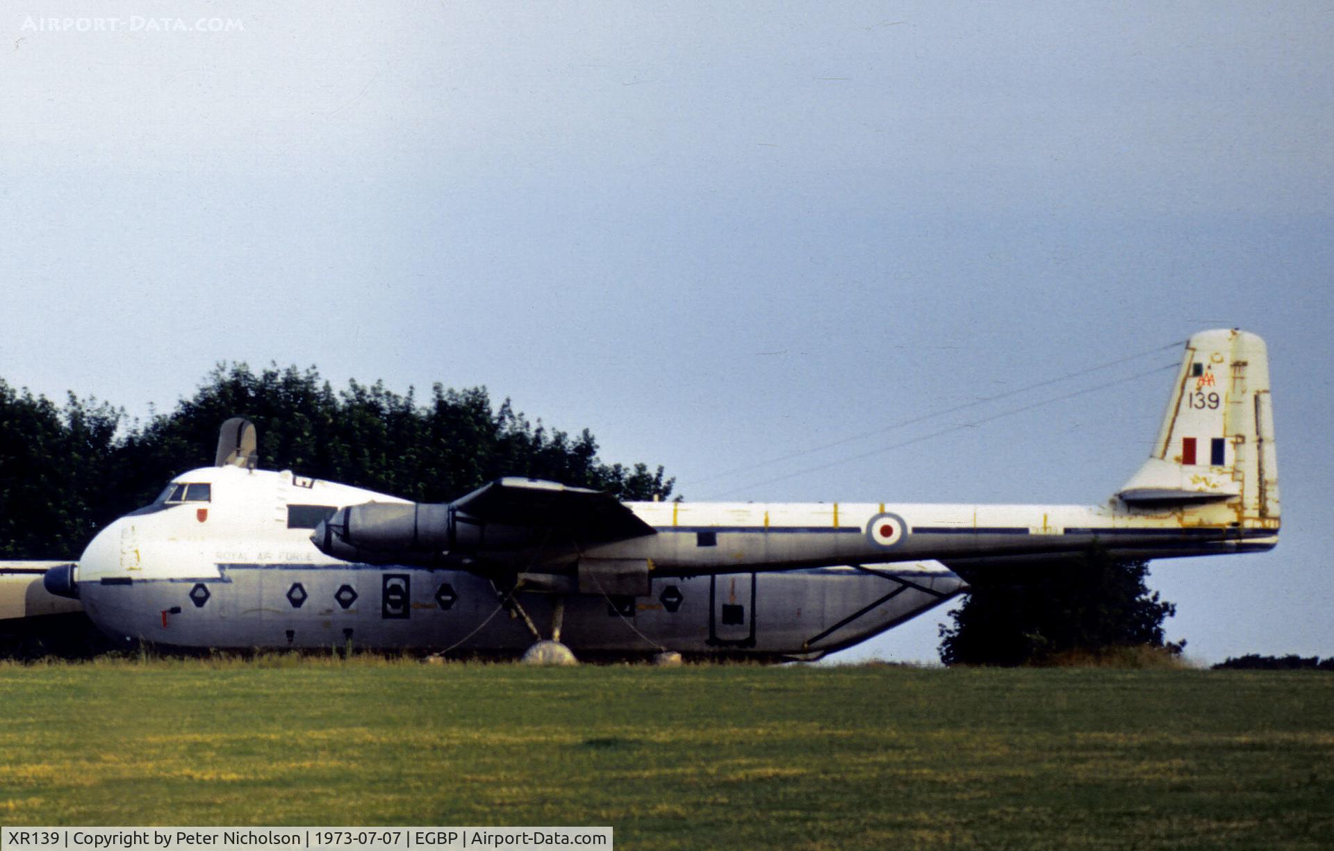 XR139, 1963 Armstrong Whitworth AW-660 Argosy C.1 C/N 6794, Argosy C.1 of 114 Squadron in storage at No.5 Maintenance Unit at RAF Kemble in the Summer of 1973.