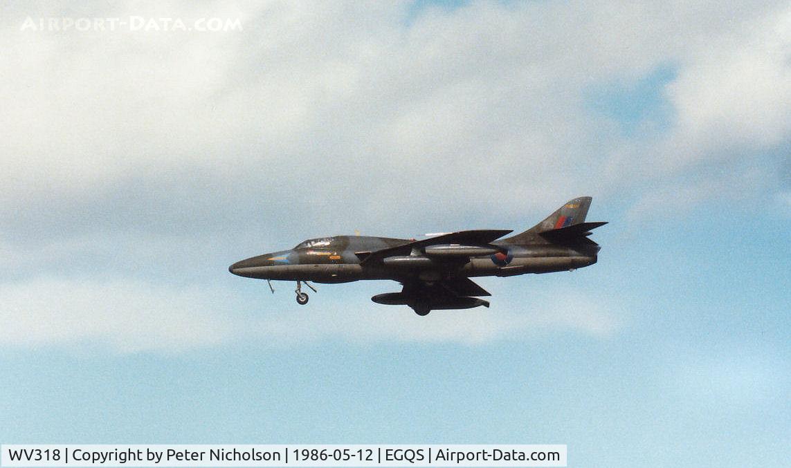 WV318, 1955 Hawker Hunter T.7B C/N 41H-670792, Hunter T.7A of 208 Squadron on final approach to RAF Lossiemouth in May 1986.
