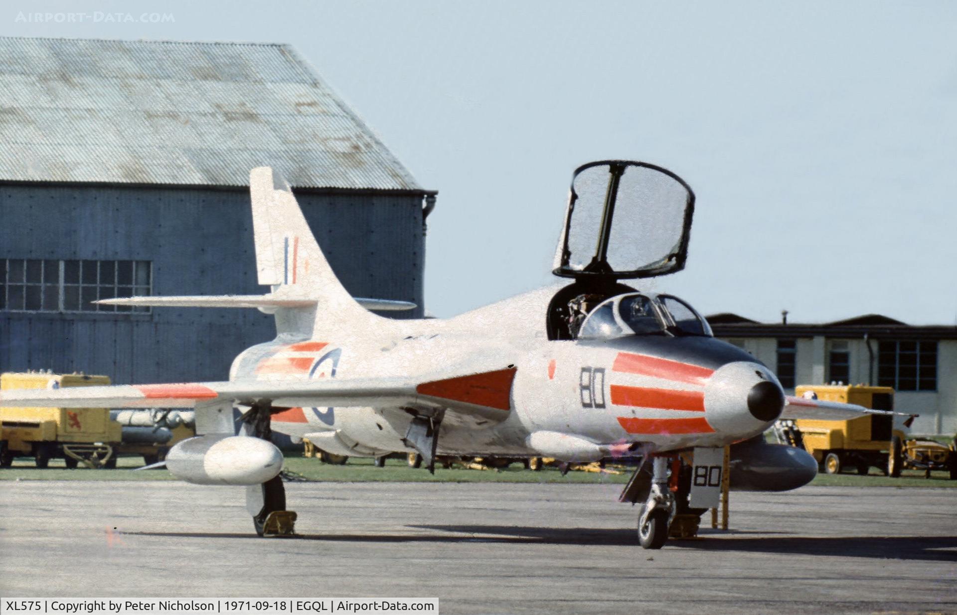XL575, 1958 Hawker Hunter T.7 C/N 41H-693725, Hunter T.7 of 229 Operational Conversion Unit on the flight-line at the 1971 RAF Leuchars Airshow.