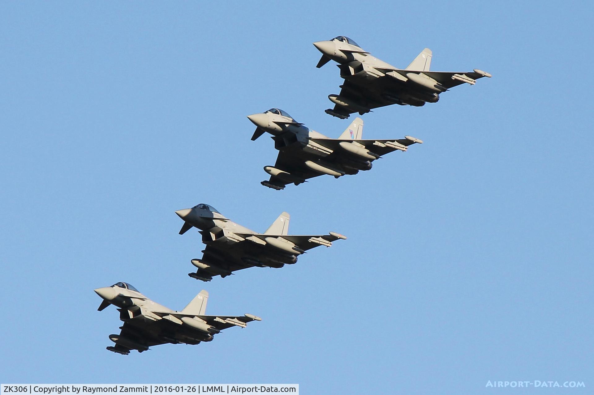 ZK306, 2009 Eurofighter EF-2000 Typhoon FGR4 C/N BS057/218, Eurofighter Typhoons ZK306, ZK309, ZK322 and ZK347 on the run in and break over RW31 at Malta International Airport.
