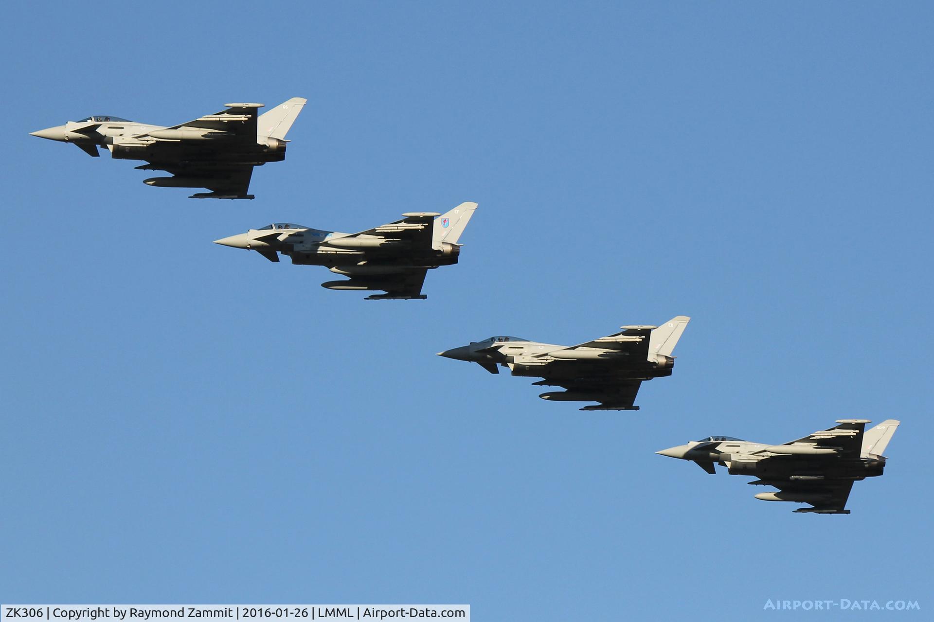 ZK306, 2009 Eurofighter EF-2000 Typhoon FGR4 C/N BS057/218, Eurofighter Typhoons ZK306, ZK309, ZK322 and ZK347 of the Royal Air Force coming in for the run in and break over RW31 at the Malta International Airport.