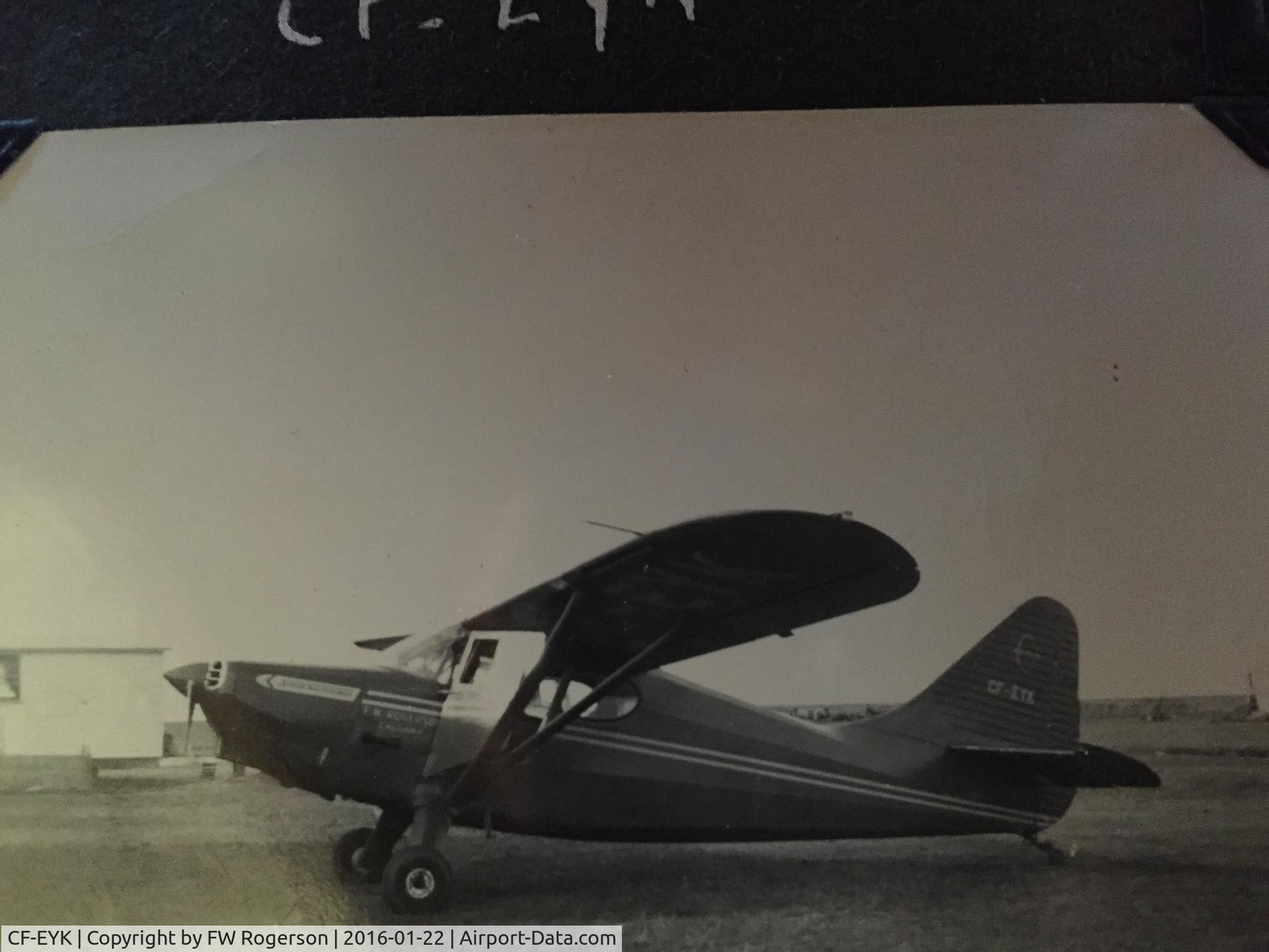 CF-EYK, 1948 Stinson 108-3 Voyager C/N 108 5234, Taken in 1951 at FW Rogerson Construction camp in Southern Alberta.