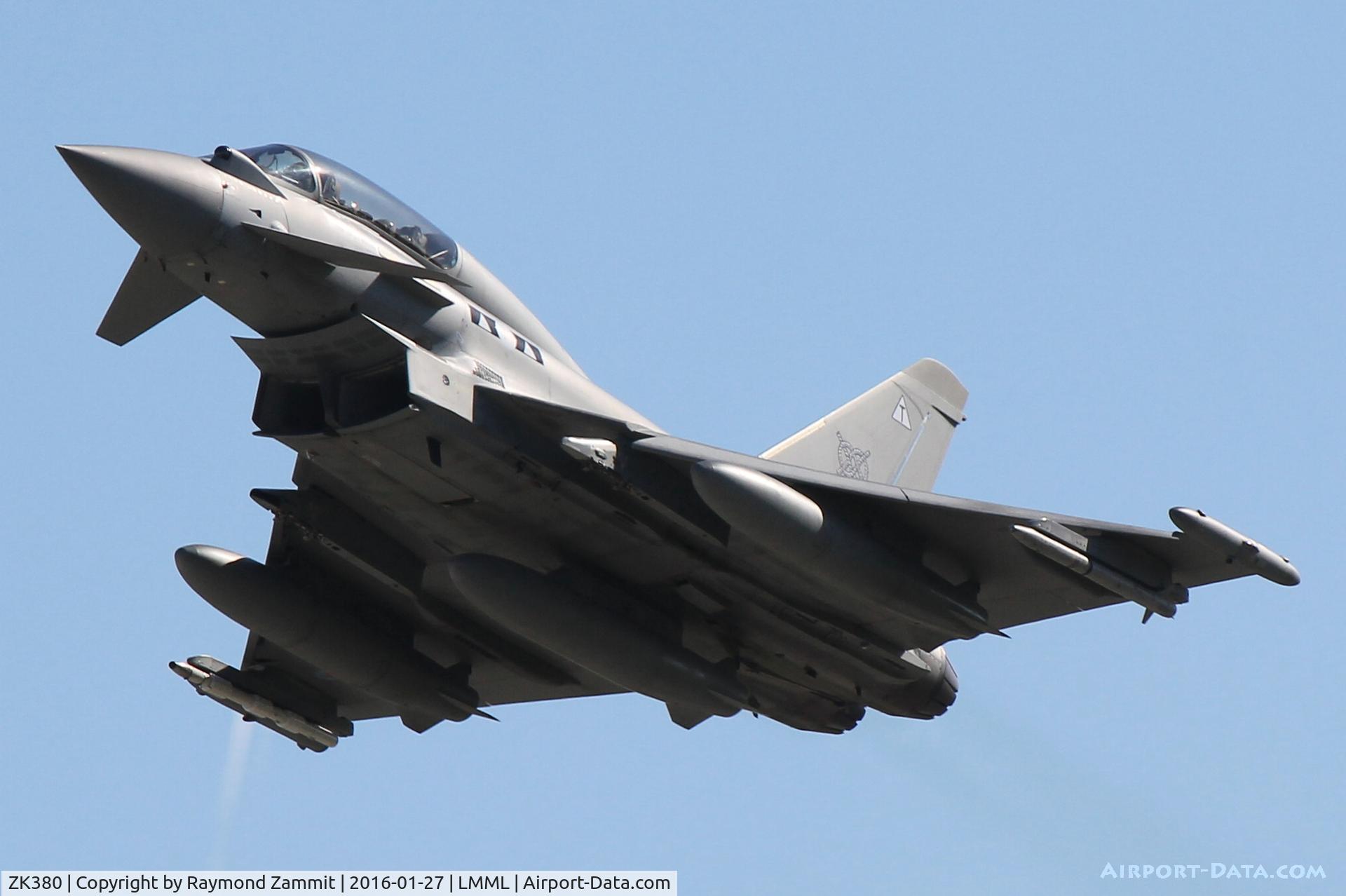 ZK380, 2010 Eurofighter EF-2000 Typhoon T.3 C/N BT025/270, Eurofighter EF-2000 Typhoon T.3 ZK380 of No 2 Sqdn Royal Air Force on take of Runway31 from Malta International Airport.