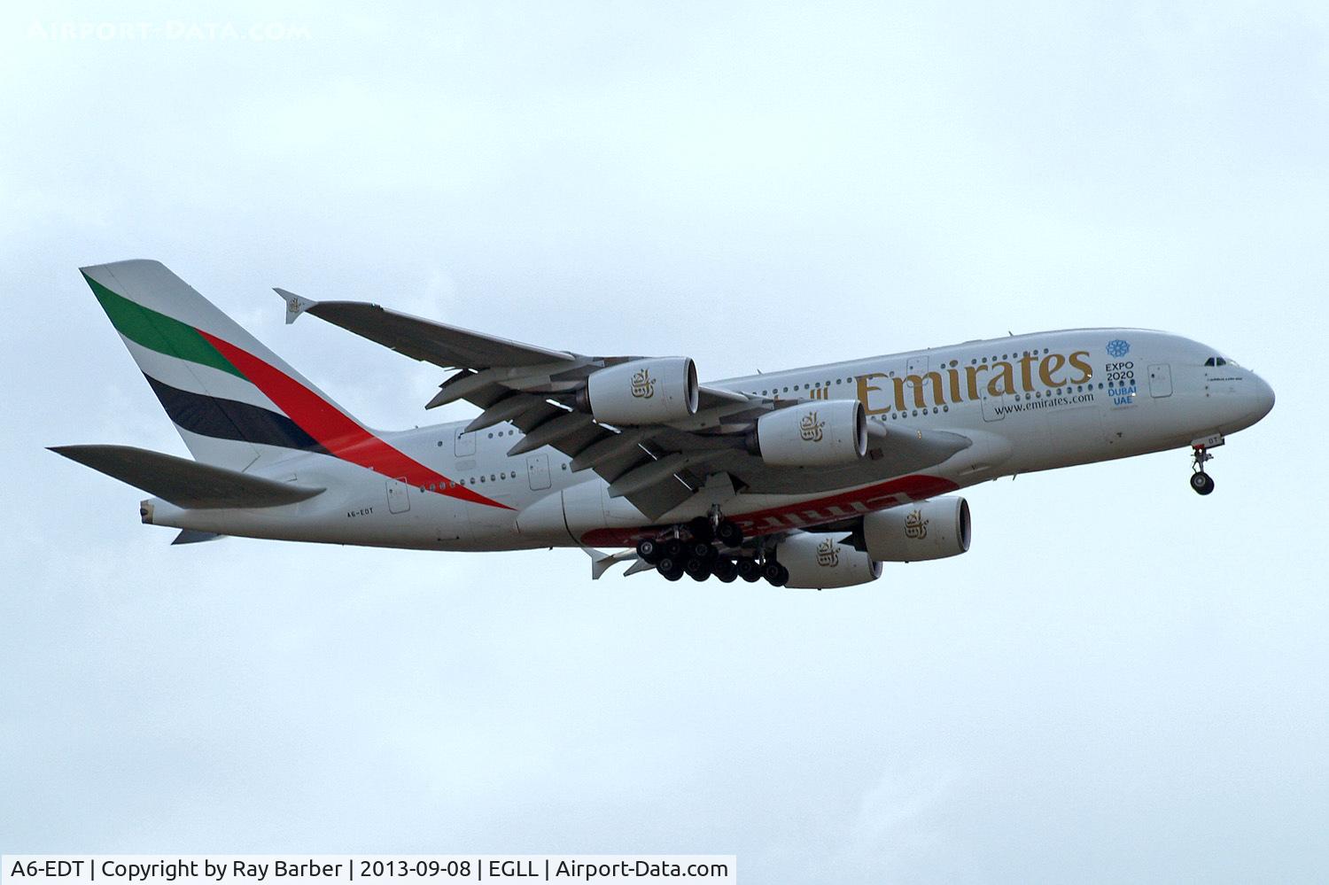 A6-EDT, 2011 Airbus A380-861 C/N 090, Airbus A380-861 [090] (Emirates Airlines) Home~G 08/09/2013. On approach 27L.