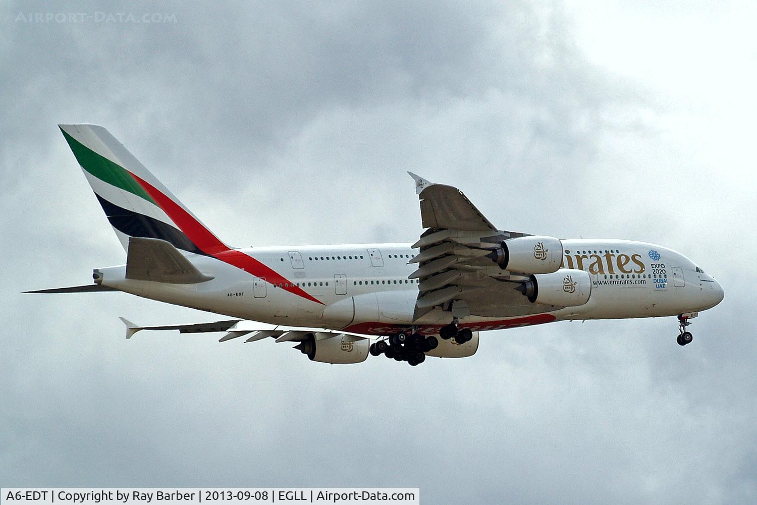 A6-EDT, 2011 Airbus A380-861 C/N 090, Airbus A380-861 [090] (Emirates Airlines) Home~G 08/09/2013. On approach 27L.
