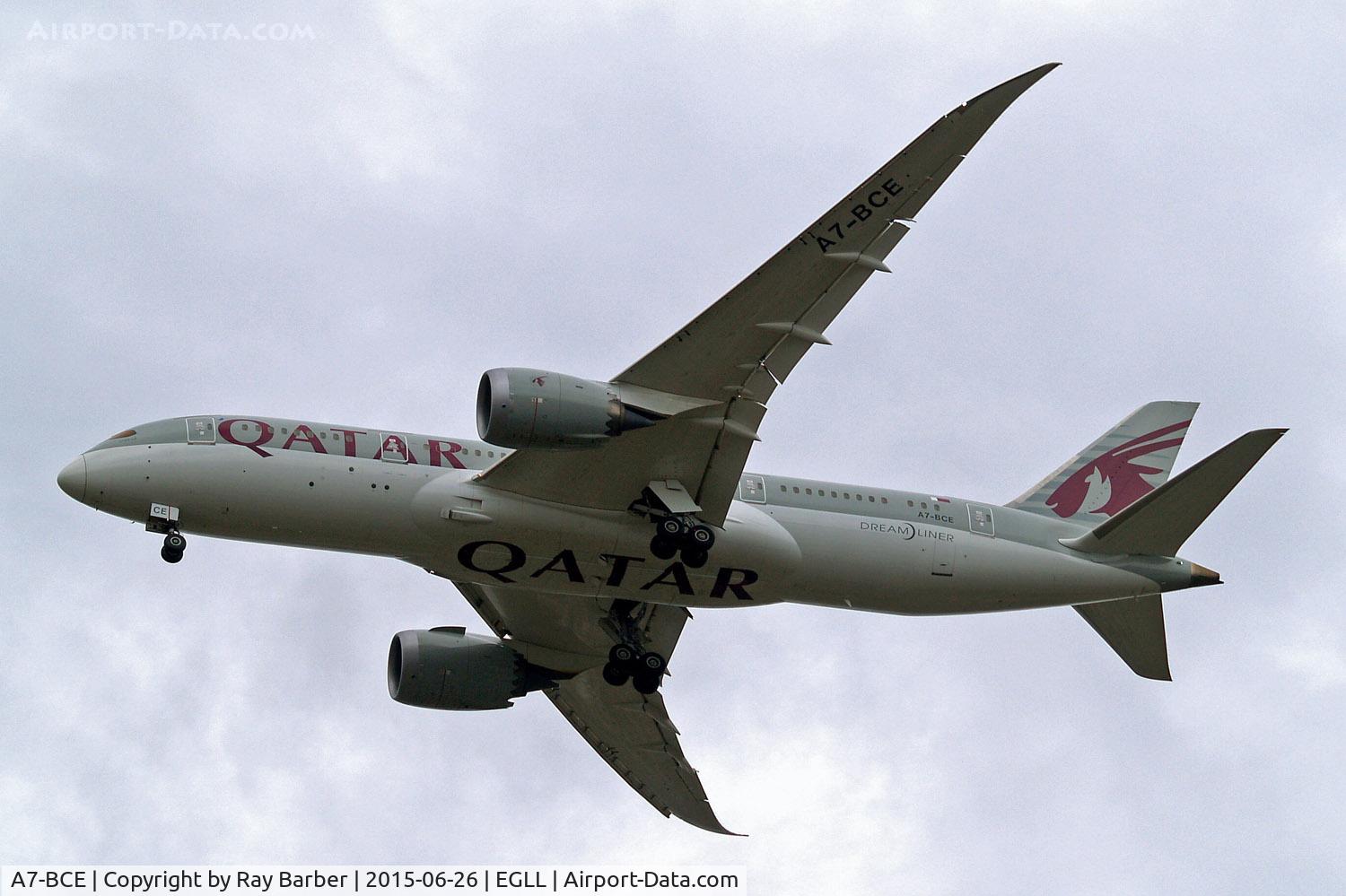 A7-BCE, 2013 Boeing 787-8 Dreamliner C/N 38323, Boeing 787-8 Dreamliner (Qatar Airways) Home~G 26/06/2015. On approach 27R.
