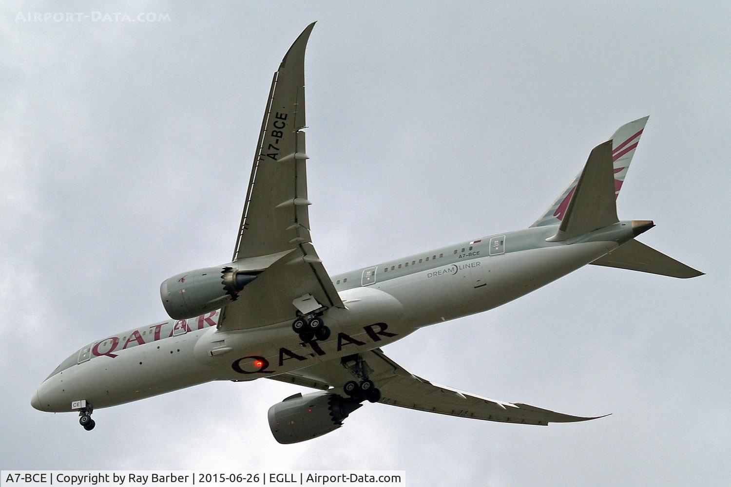 A7-BCE, 2013 Boeing 787-8 Dreamliner C/N 38323, Boeing 787-8 Dreamliner (Qatar Airways) Home~G 26/06/2015. On approach 27R.