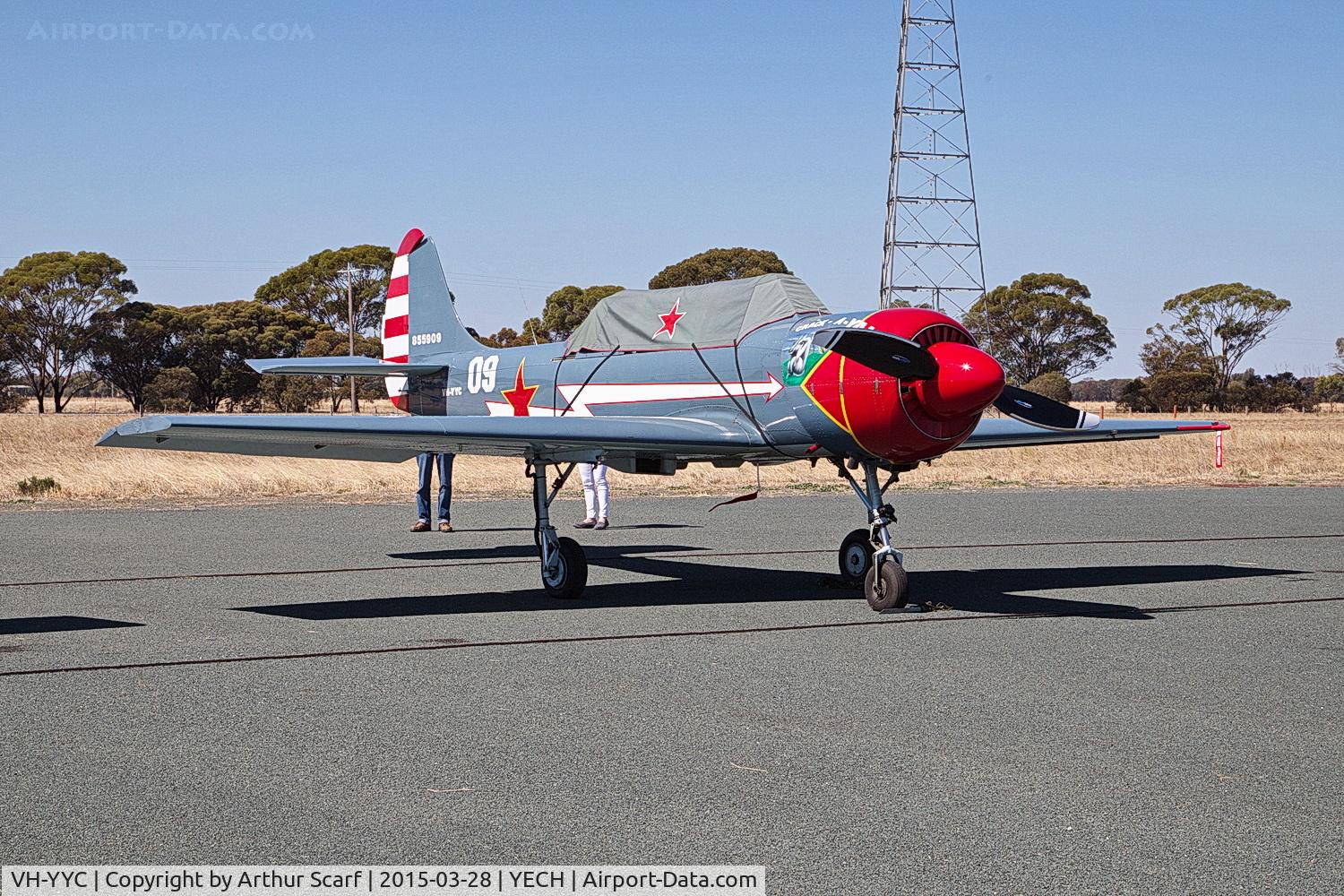 VH-YYC, 1985 Yakovlev Yak-52 C/N 855909, VH-YYC at the AAAA fly in Echuca 2015