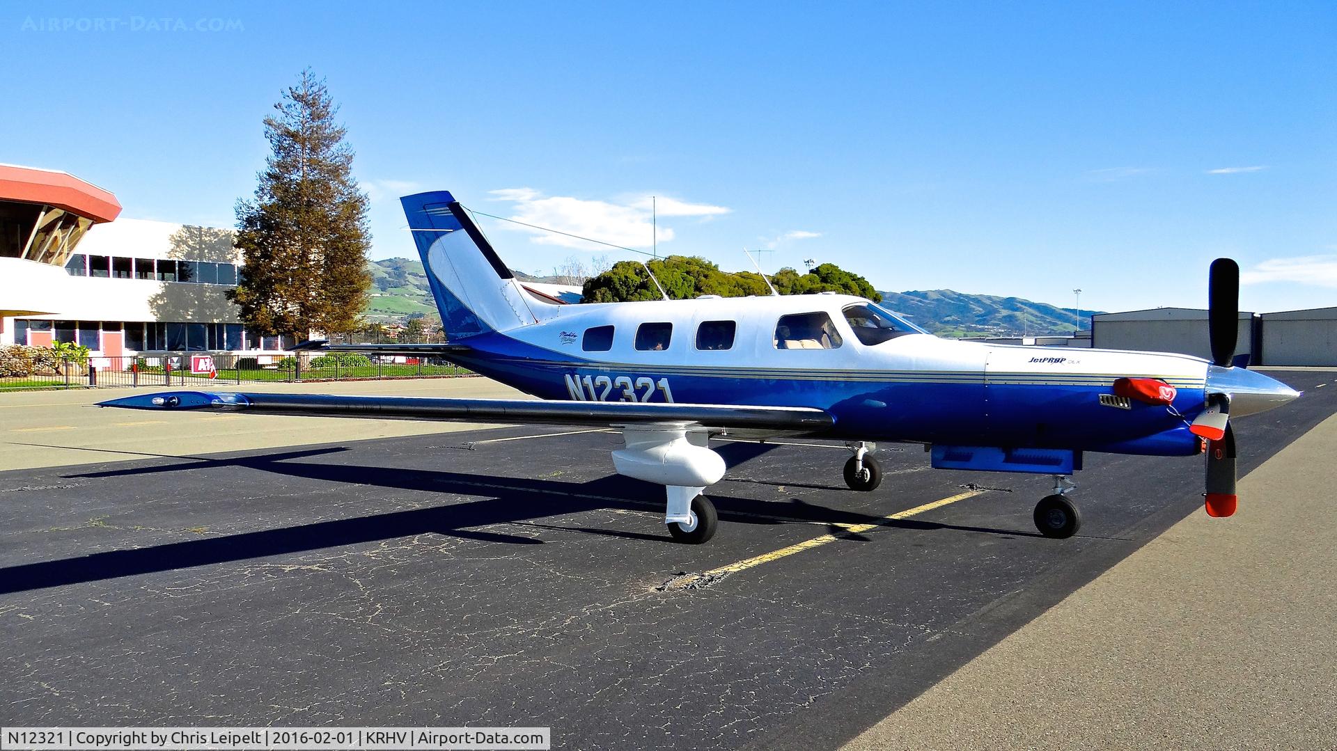 N12321, 1996 Piper PA-46-350P Malibu Mirage C/N 4636041, Southern California-based 1966 Piper Malibu JetProp parked on the transient ramp for the 2015 Super Bowl (located at nearby Santa Clara, CA) at Reid Hillview Airport, San Jose, CA.
