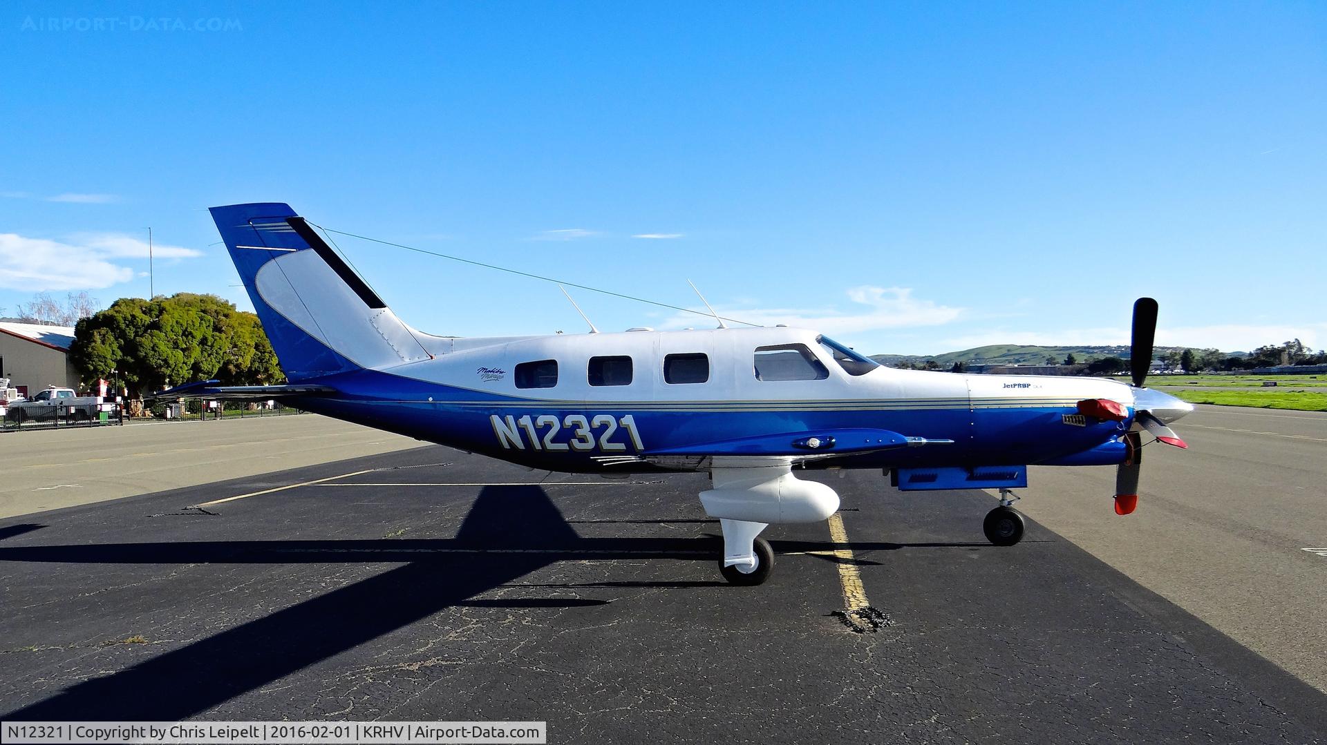 N12321, 1996 Piper PA-46-350P Malibu Mirage C/N 4636041, Southern California-based 1966 Piper Malibu JetProp parked on the transient ramp for the 2015 Super Bowl (located at nearby Santa Clara, CA) at Reid Hillview Airport, San Jose, CA.