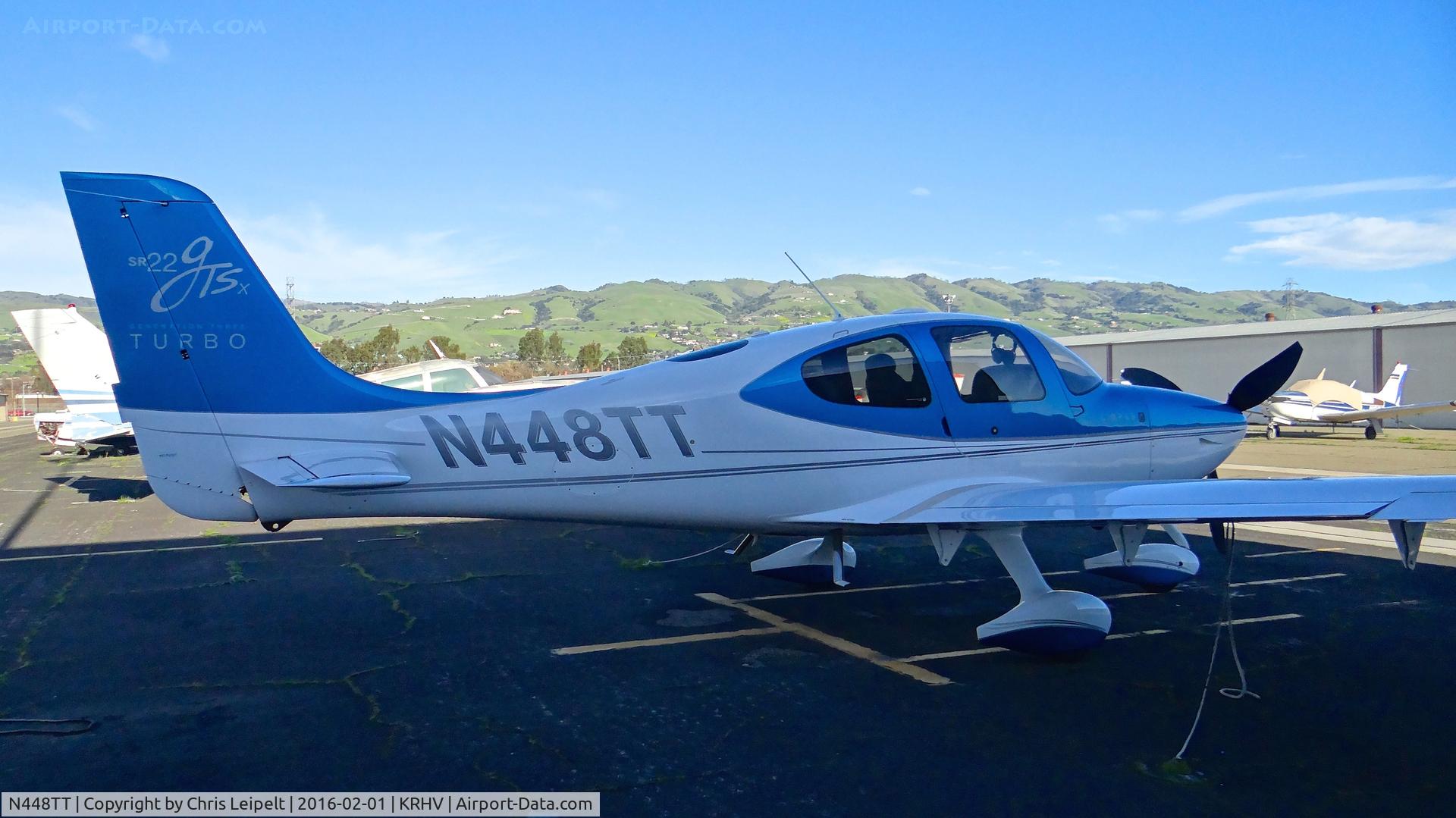 N448TT, 2008 Cirrus SR22 G3 GTSX Turbo C/N 3073, Locally-based 2008 Cirrus SR22 G3 parked at a temporary tie down to make room for the Super Bowl 50 transient aircraft at Reid Hillview Airport, San Jose, CA.