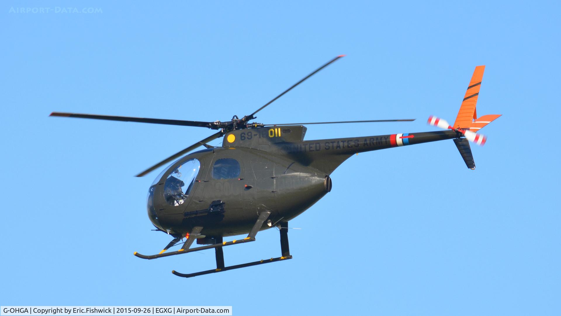 G-OHGA, 1969 Hughes OH-6A Cayuse C/N 1381, 41. 69-16011 in display mode at The Yorkshire Air Show, Church Fenton, Sept. 2015.