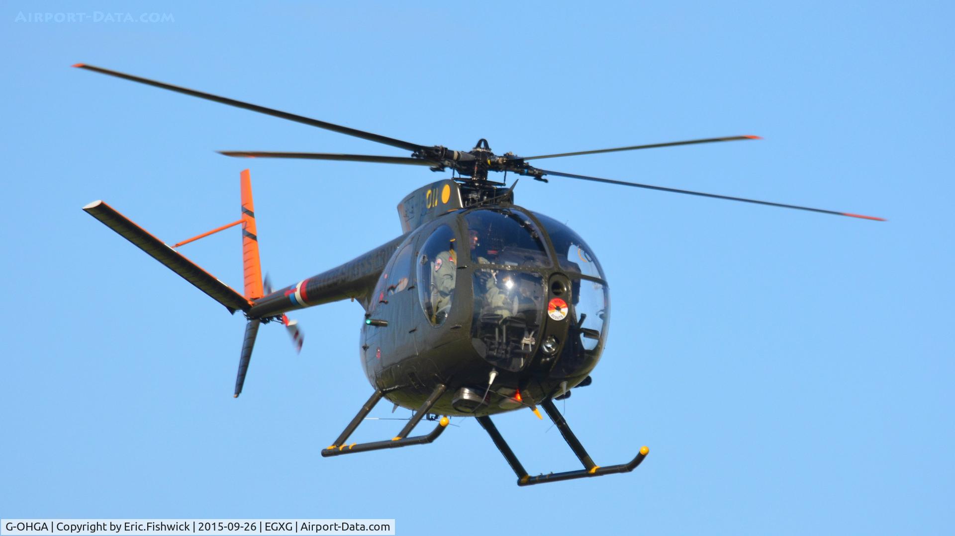 G-OHGA, 1969 Hughes OH-6A Cayuse C/N 1381, 43. 69-16011 in display mode at The Yorkshire Air Show, Church Fenton, Sept. 2015.
