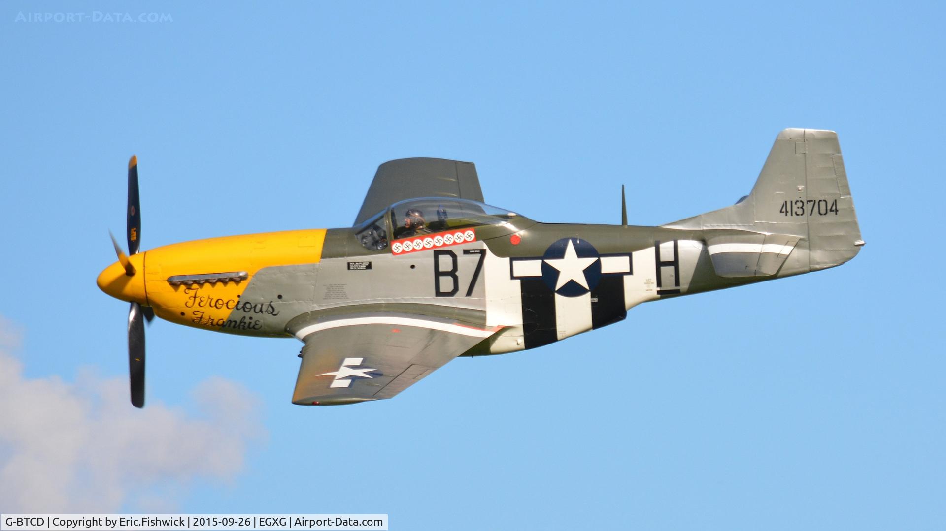 G-BTCD, 1944 North American P-51D Mustang C/N 122-39608, 41. 'Ferocious Frankie'  in display mode at The Yorkshire Air Show, Church Fenton, Sept. 2015.