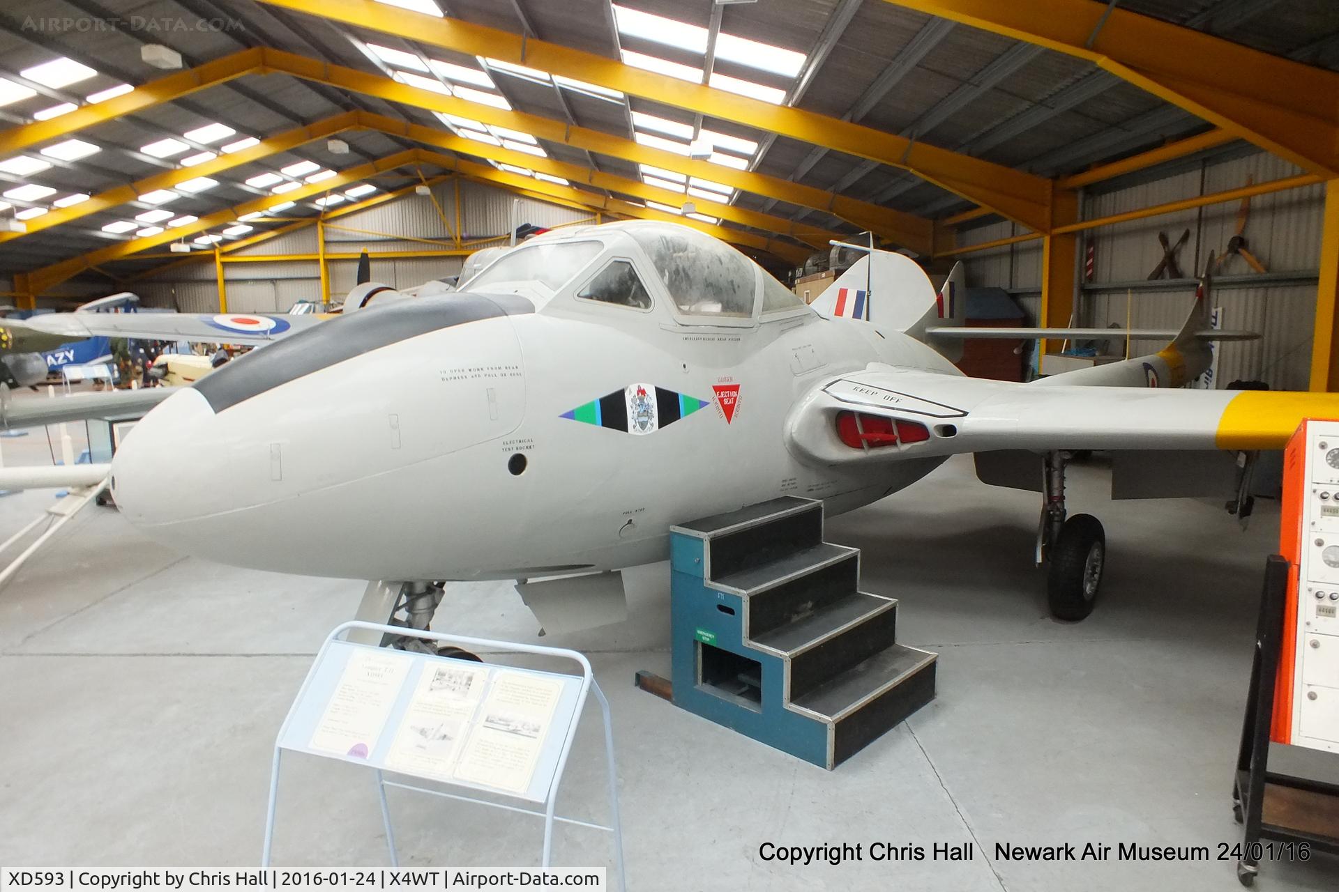 XD593, De Havilland DH-115 Vampire T.11 C/N 15538, at the Newark Air Museum