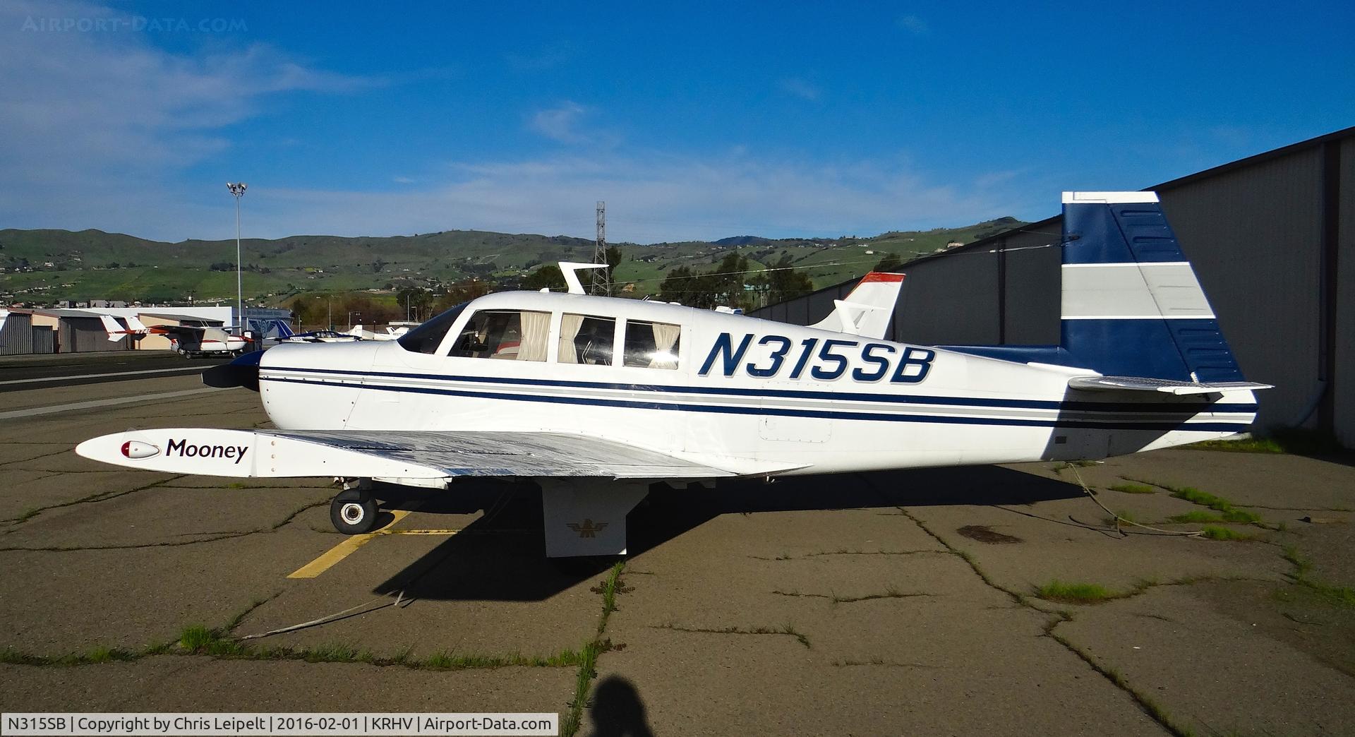 N315SB, 1969 Mooney M20F Executive C/N 700005, Locally-based 1969 Mooney M20F looking better than ever (no more cob-web flat tires!) parked at a temporary tie down to make room for all the transient Super Bowl 50 aircraft coming to Reid Hillview Airport, San Jose, CA.