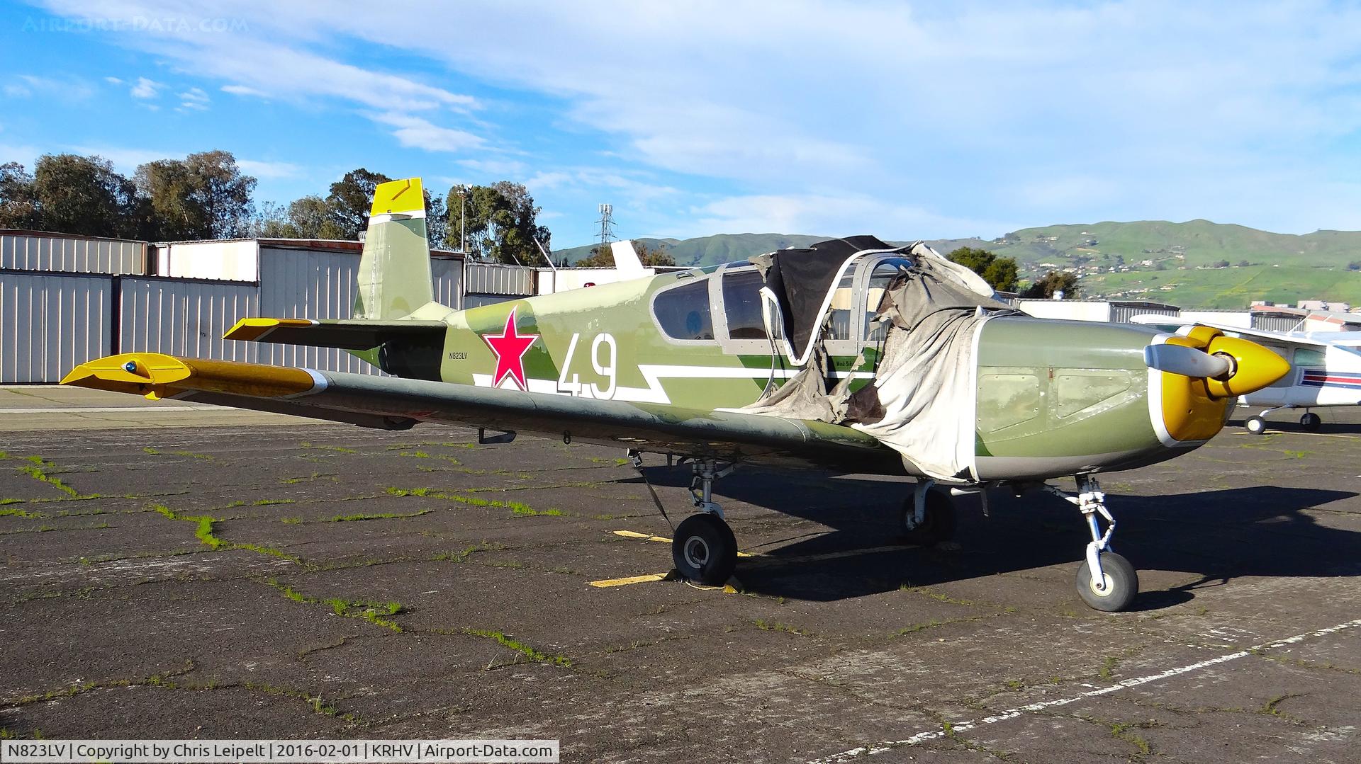 N823LV, 1981 IAR IAR-823 C/N 70, Locally-based IAR-823 (?) looking better than ever with no flat tires while parked at a temporary tie down to make room for all the transient Super Bowl 50 aircraft coming to Reid Hillview Airport, San Jose, CA.