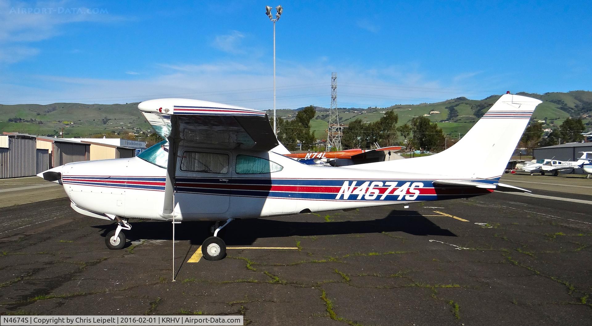 N4674S, Cessna TR182 Turbo Skylane RG C/N R18201376, Locally-based Cessna T182R parked at a temporary tie down to make room for all the transient Super Bowl 50 aircraft coming to Reid Hillview Airport, San Jose, CA.
