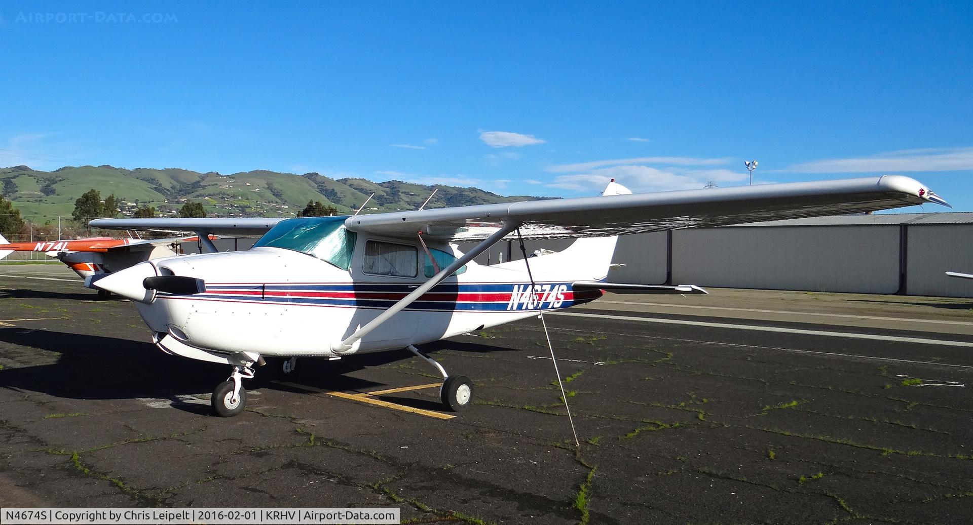 N4674S, Cessna TR182 Turbo Skylane RG C/N R18201376, Locally-based Cessna T182R parked at a temporary tie down to make room for all the transient Super Bowl 50 aircraft coming to Reid Hillview Airport, San Jose, CA.
