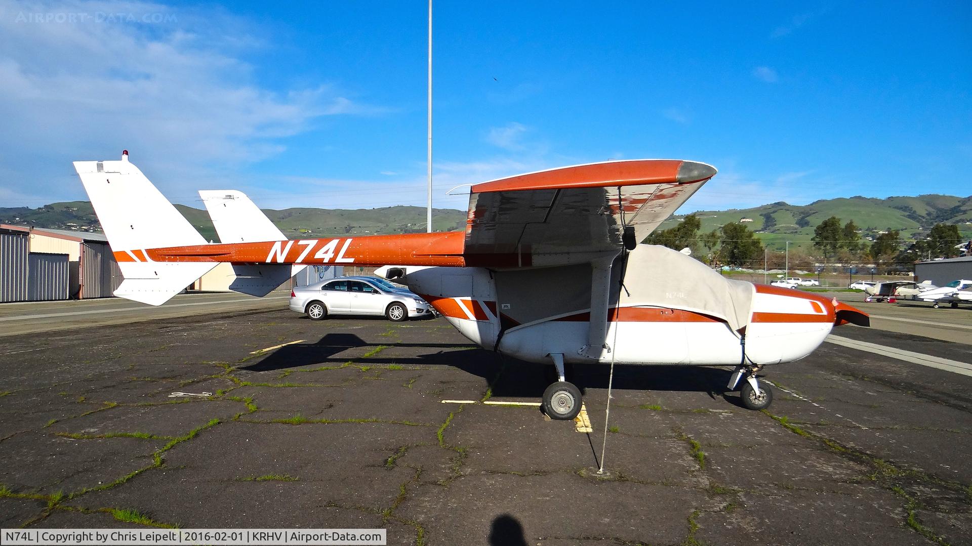 N74L, 1977 Cessna 337G Super Skymaster C/N 33701814, Locally-based 1977 Cessna 337G parked at a temporary tie down to make room for all the transient Super Bowl 50 aircraft coming to Reid Hillview Airport, San Jose, CA.