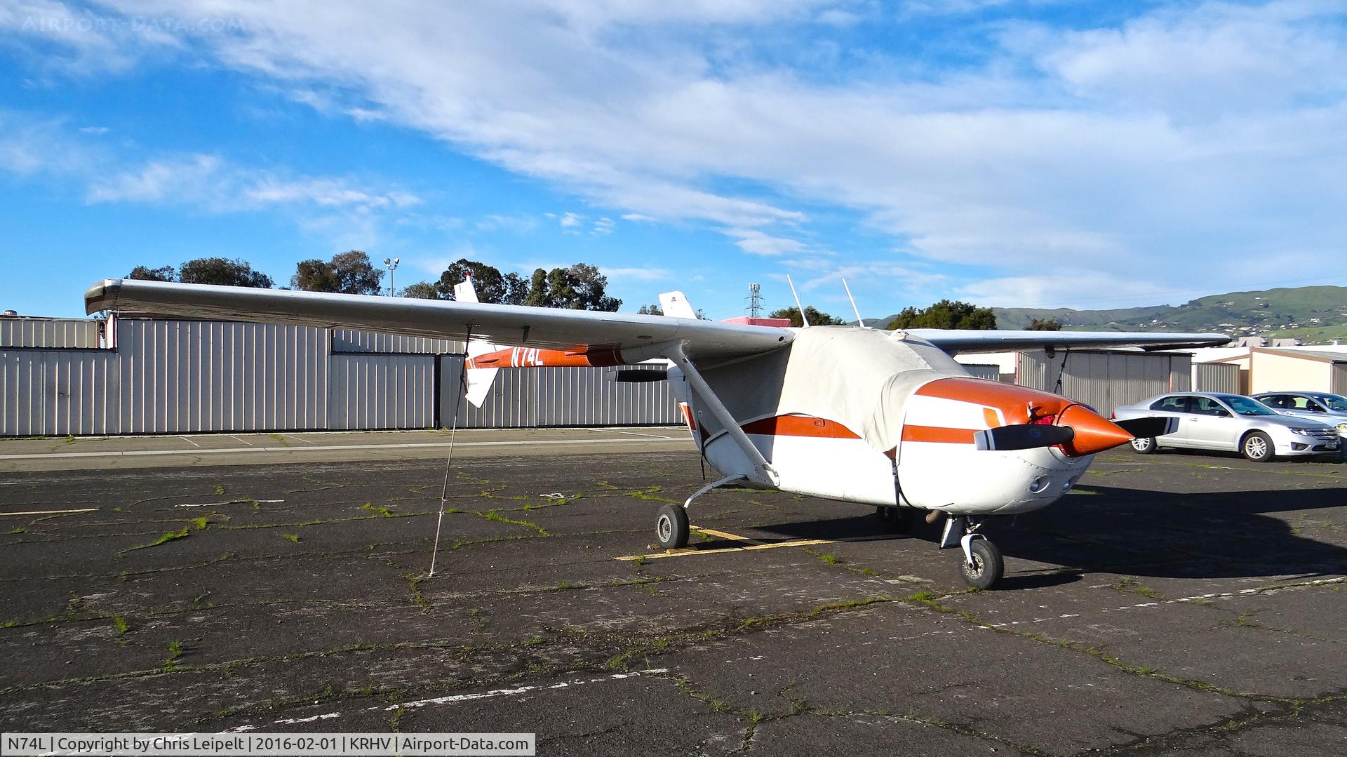 N74L, 1977 Cessna 337G Super Skymaster C/N 33701814, Locally-based 1977 Cessna 337G parked at a temporary tie down to make room for all the transient Super Bowl 50 aircraft coming to Reid Hillview Airport, San Jose, CA.