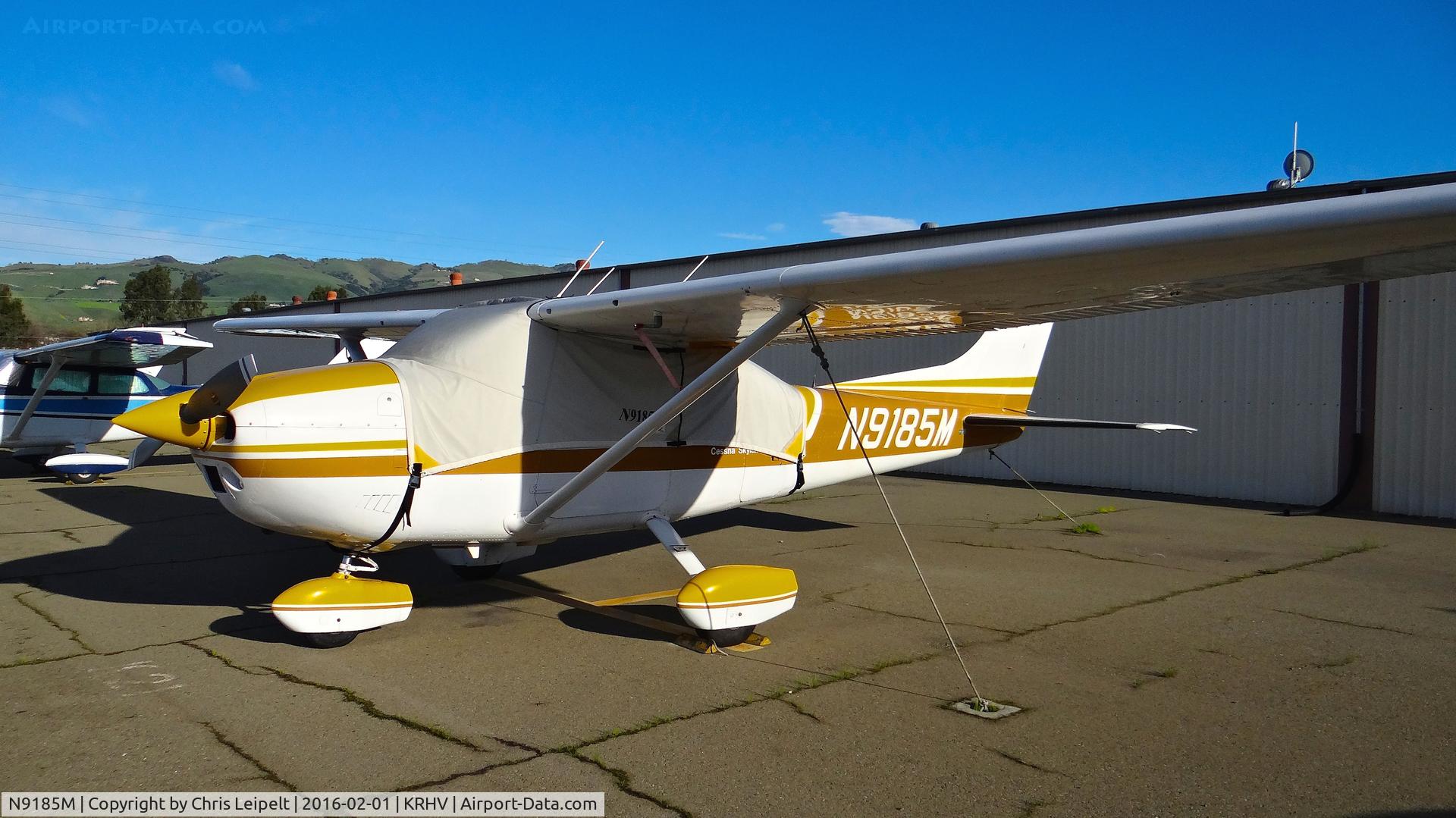 N9185M, 1976 Cessna 182P Skylane C/N 18264730, Locally-based 1976 Cessna 182P parked at a temporary tie down to make room for all the transient Super Bowl 50 aircraft coming to Reid Hillview Airport, San Jose, CA.