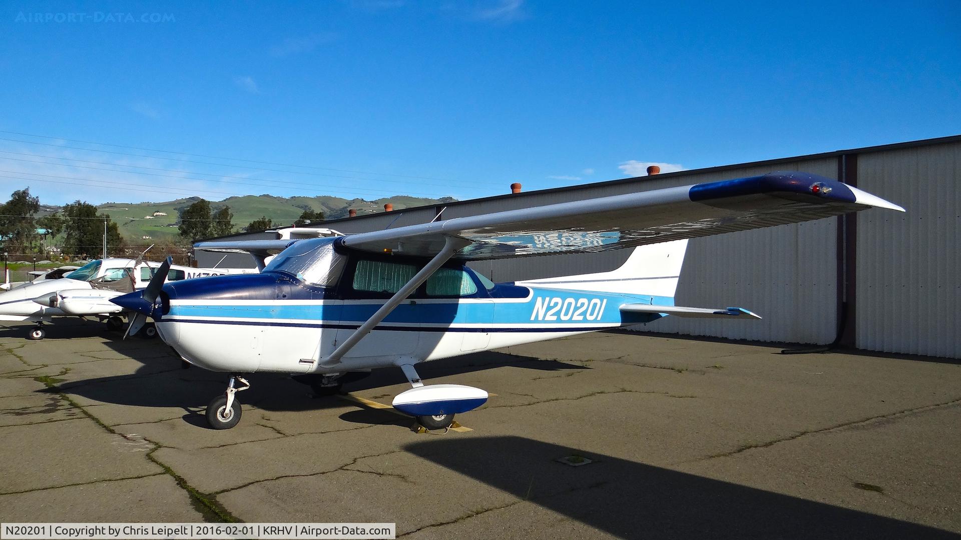 N20201, 1972 Cessna 172M C/N 17261091, Locally-based 1972 Cessna 172M parked at a temporary tie down to make room for all the transient Super Bowl 50 aircraft coming to Reid Hillview Airport, San Jose, CA.