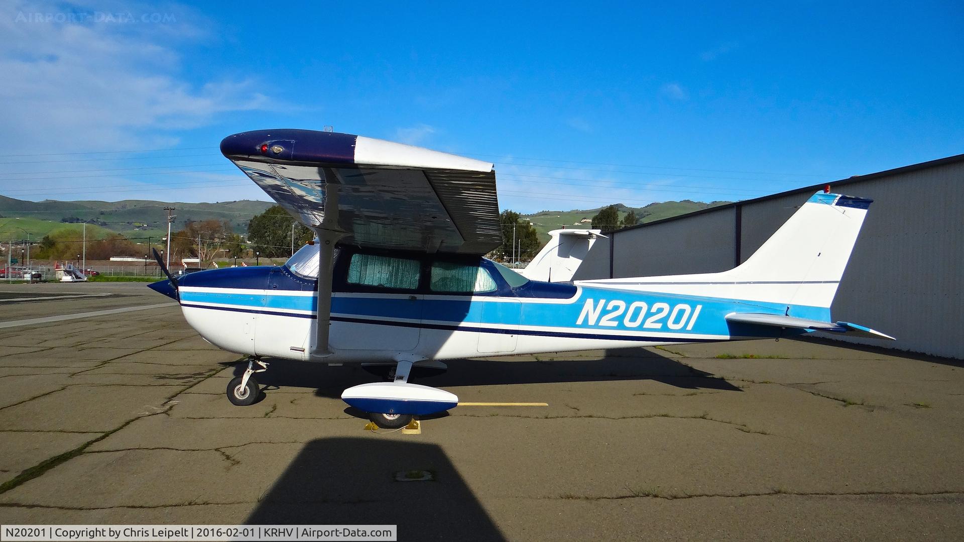 N20201, 1972 Cessna 172M C/N 17261091, Locally-based 1972 Cessna 172M parked at a temporary tie down to make room for all the transient Super Bowl 50 aircraft coming to Reid Hillview Airport, San Jose, CA.