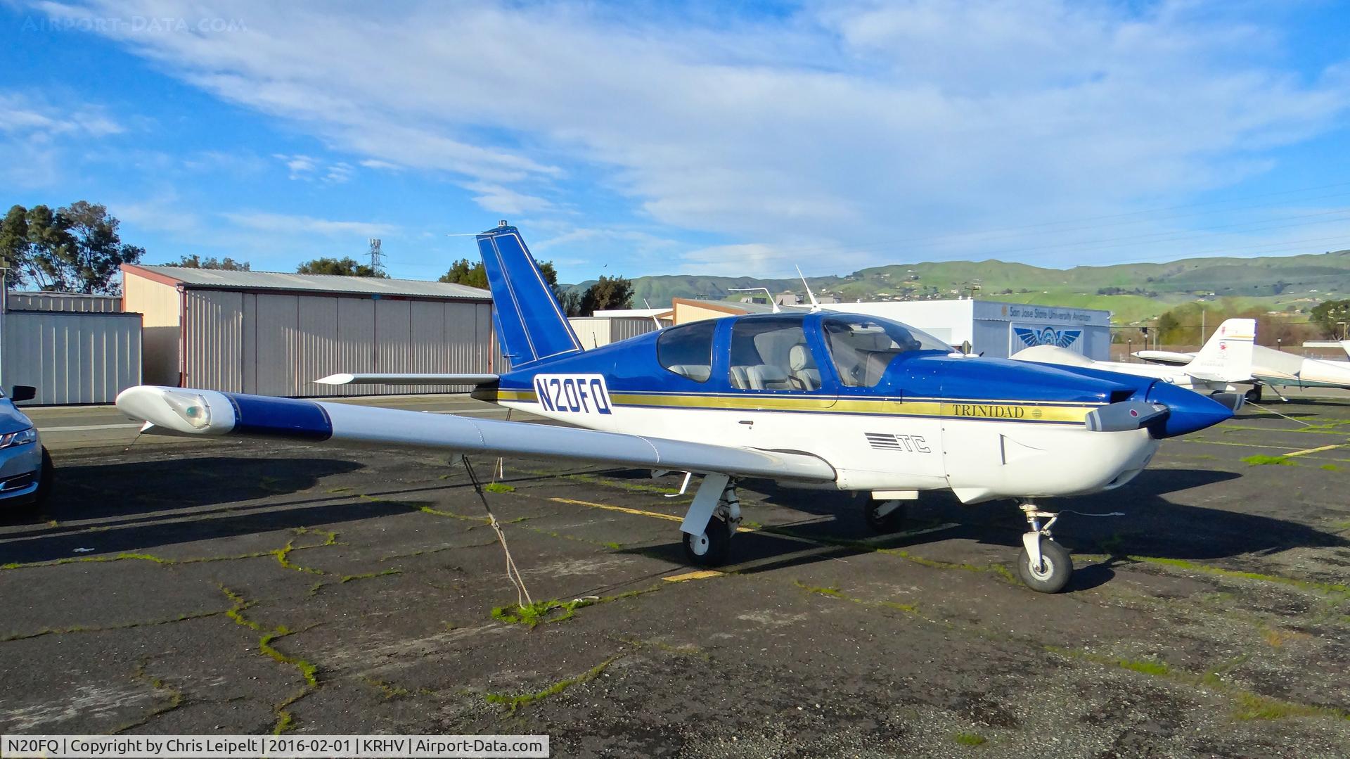 N20FQ, 1986 Socata TB-21 TC Trinidad C/N 638, Locally-based 1986 Socata TB-21 parked at a temporary tie down to make room for all the transient Super Bowl 50 aircraft coming to Reid Hillview Airport, San Jose, CA.