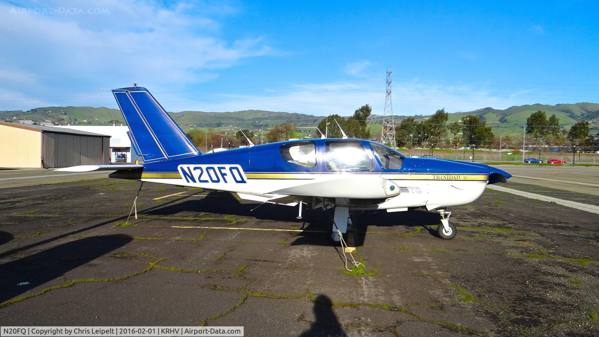 N20FQ, 1986 Socata TB-21 TC Trinidad C/N 638, Locally-based 1986 Socata TB-21 parked at a temporary tie down to make room for all the transient Super Bowl 50 aircraft coming to Reid Hillview Airport, San Jose, CA.
