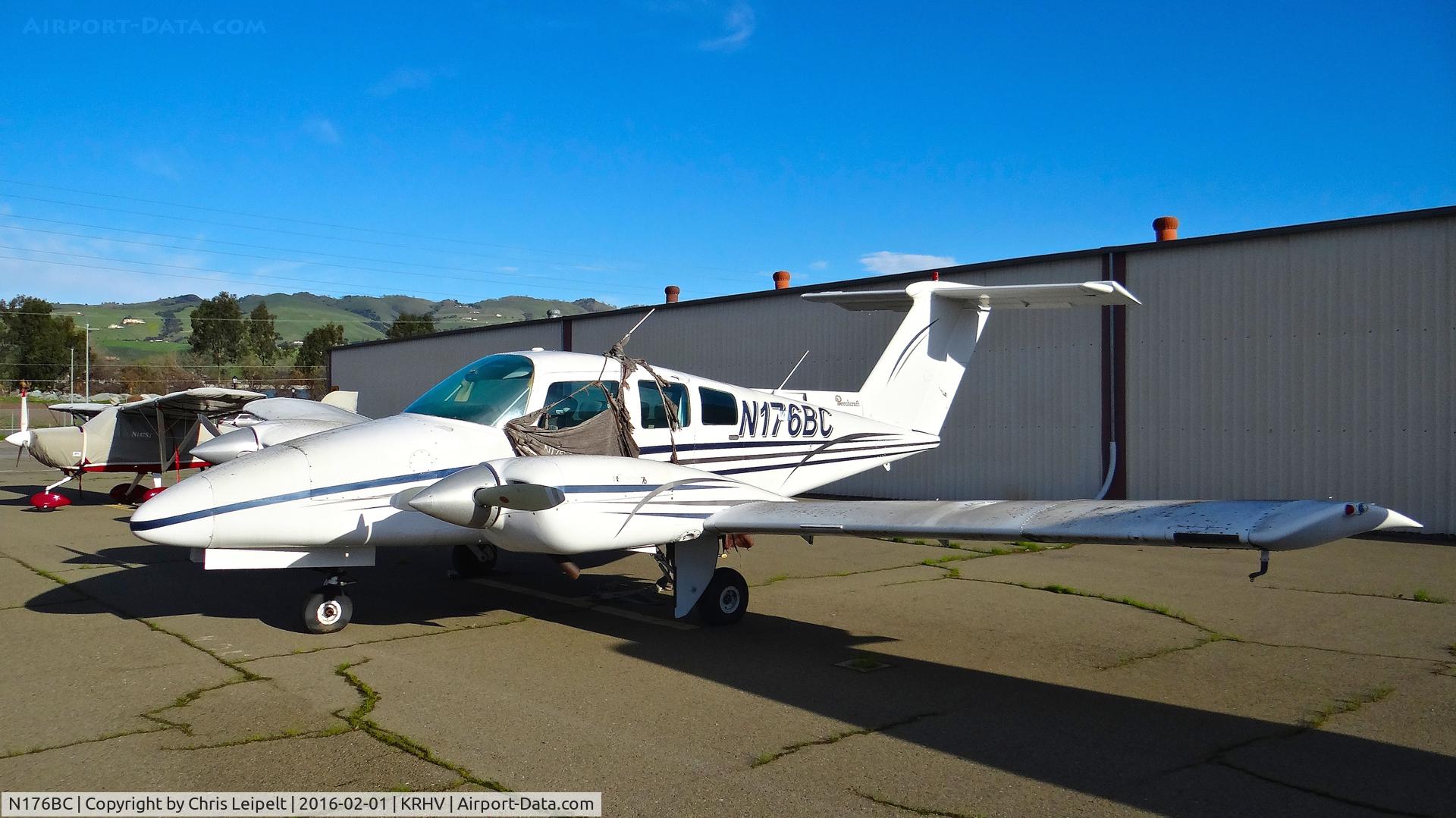 N176BC, 1979 Beech 76 Duchess C/N ME-269, Locally-based 1979 Beechcraft Duchess looking better than ever (with no flat tires!!!) parked at a temporary tie down to make room for all the transient Super Bowl 50 aircraft coming to Reid Hillview Airport, San Jose, CA.