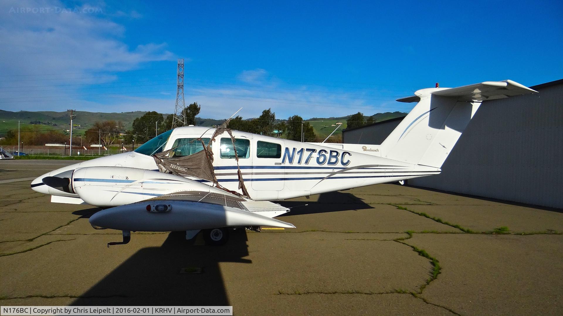N176BC, 1979 Beech 76 Duchess C/N ME-269, Locally-based 1979 Beechcraft Duchess looking better than ever (with no flat tires!!!) parked at a temporary tie down to make room for all the transient Super Bowl 50 aircraft coming to Reid Hillview Airport, San Jose, CA.
