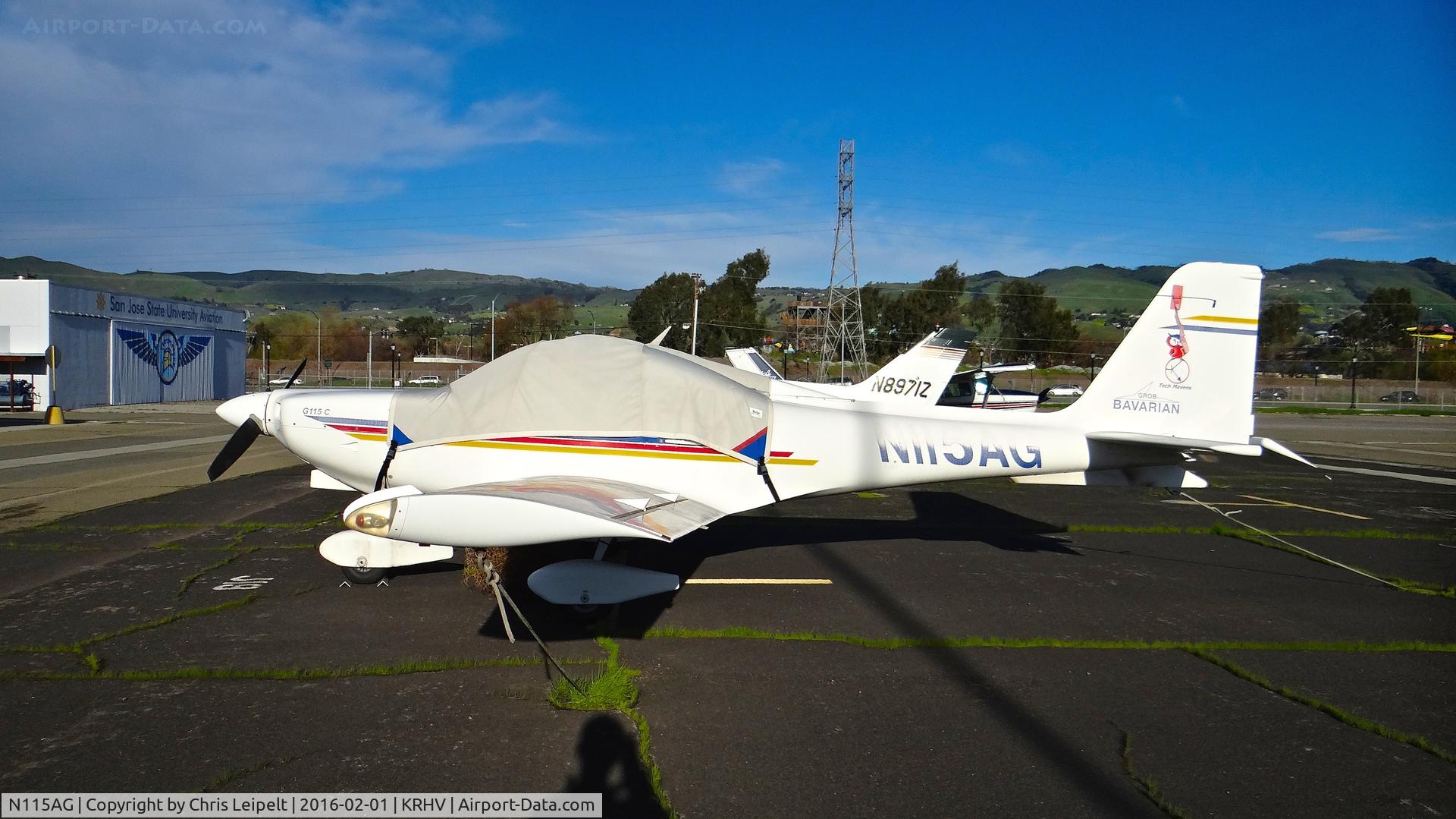 N115AG, 1995 Grob G-115C C/N 82060/C1, Locally-based 1995 Grob G-115C parked at a temporary tie down to make room for all the transient Super Bowl 50 aircraft coming to Reid Hillview Airport, San Jose, CA.