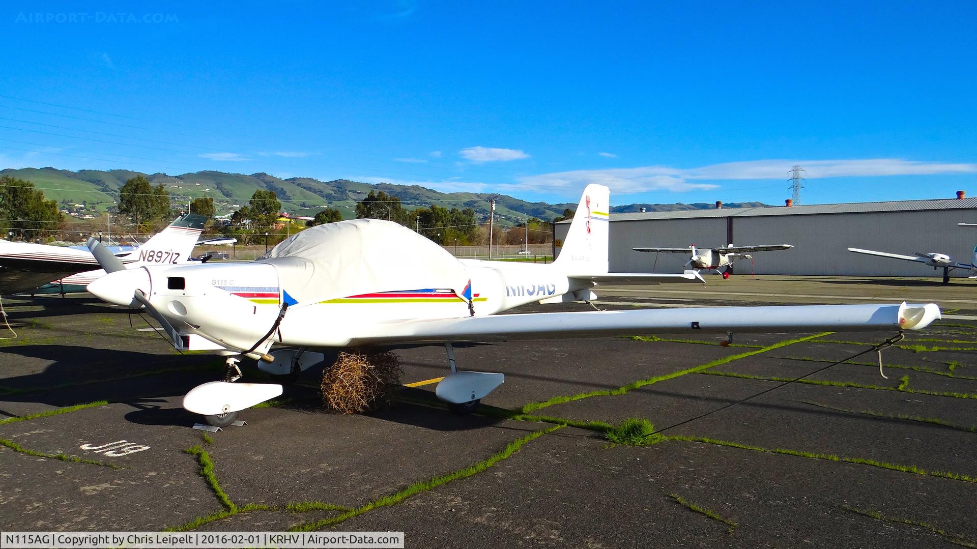 N115AG, 1995 Grob G-115C C/N 82060/C1, Locally-based 1995 Grob G-115C parked at a temporary tie down to make room for all the transient Super Bowl 50 aircraft coming to Reid Hillview Airport, San Jose, CA.