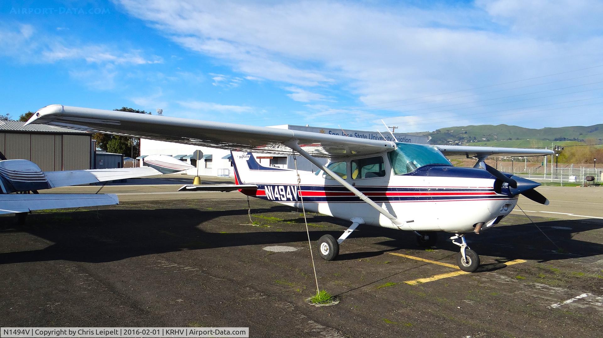 N1494V, 1974 Cessna 172M C/N 17263624, Locally-based 1974 Cessna 172M parked at a temporary tie down to make room for all the transient Super Bowl 50 aircraft coming to Reid Hillview Airport, San Jose, CA.