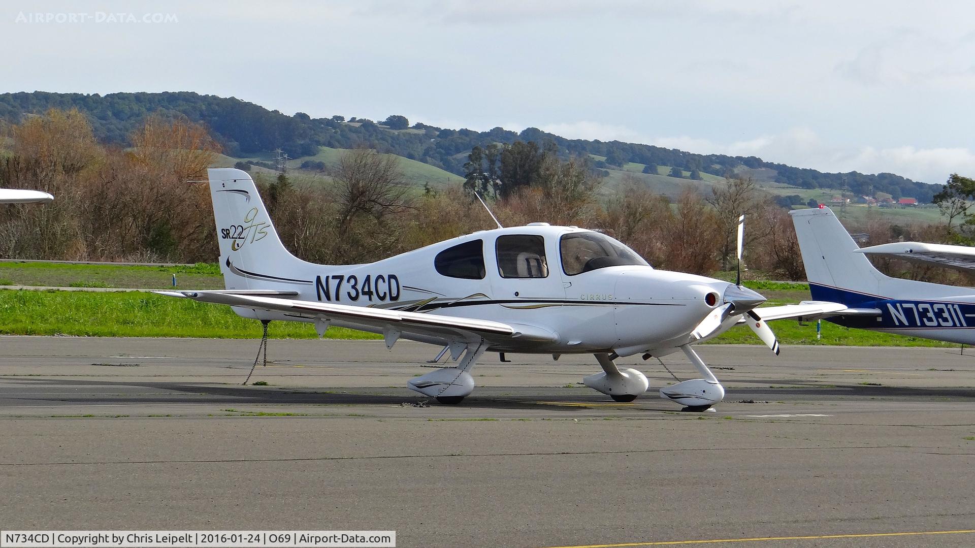 N734CD, 2005 Cirrus SR22 GTS C/N 1686, JDS Aviation LLC (Pacheco, CA) 2005 Cirrus SR22 parked on the visitors ramp at Petaluma Municipal Airport, Petaluma, CA.