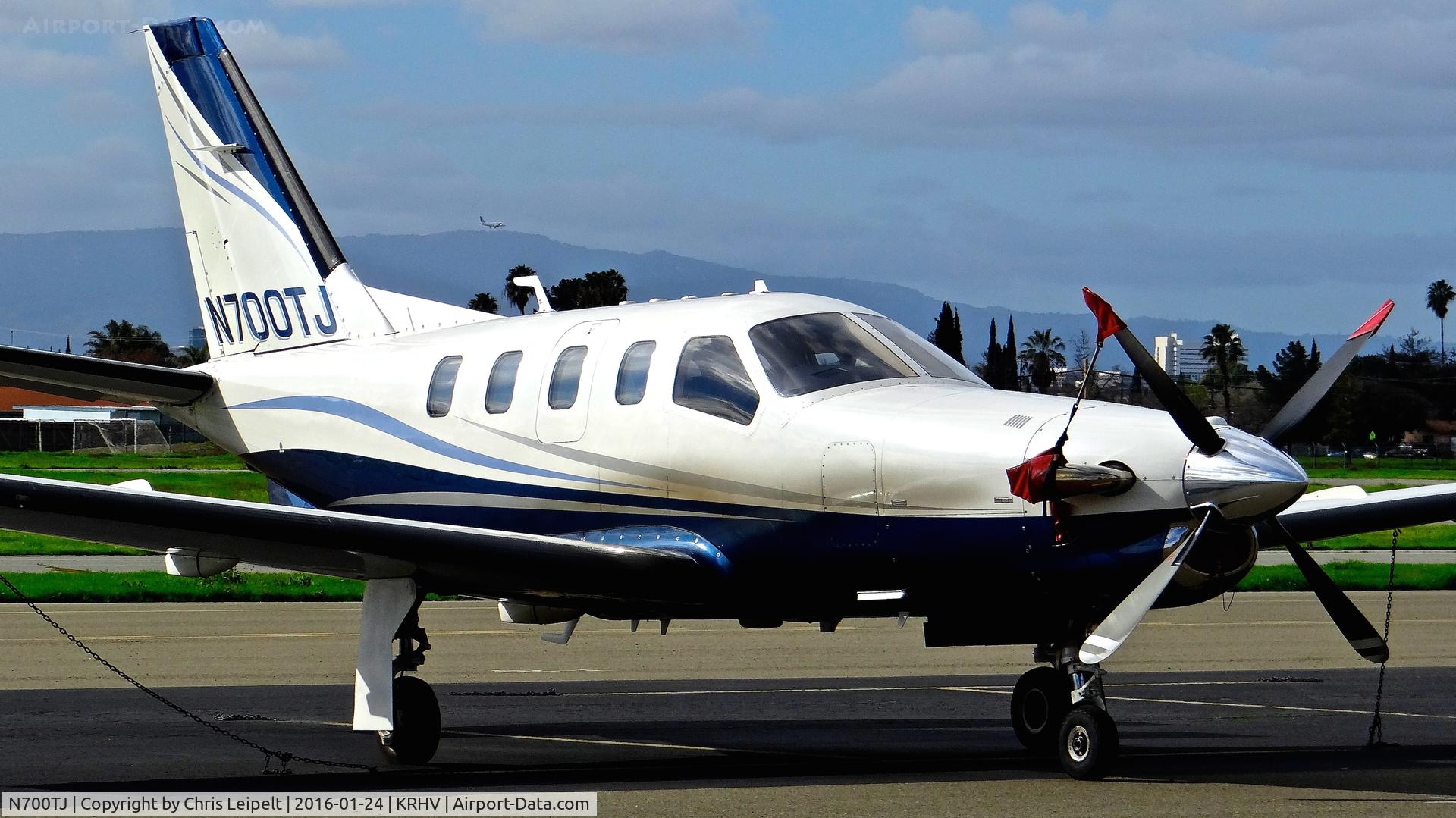 N700TJ, Socata TBM-700 C/N 27, Padal Inc (Sparks, NV) Socata TBM-700 parked on the transient ramp a few minutes after arrival at Reid Hillview Airport, San Jose, CA.
