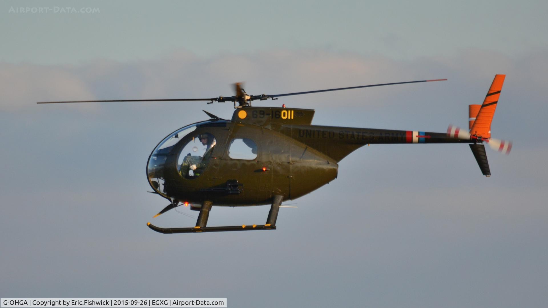 G-OHGA, 1969 Hughes OH-6A Cayuse C/N 1381, 41. G-OHGA departing The Yorkshire Air Show, Church Fenton, Sept. 2015.