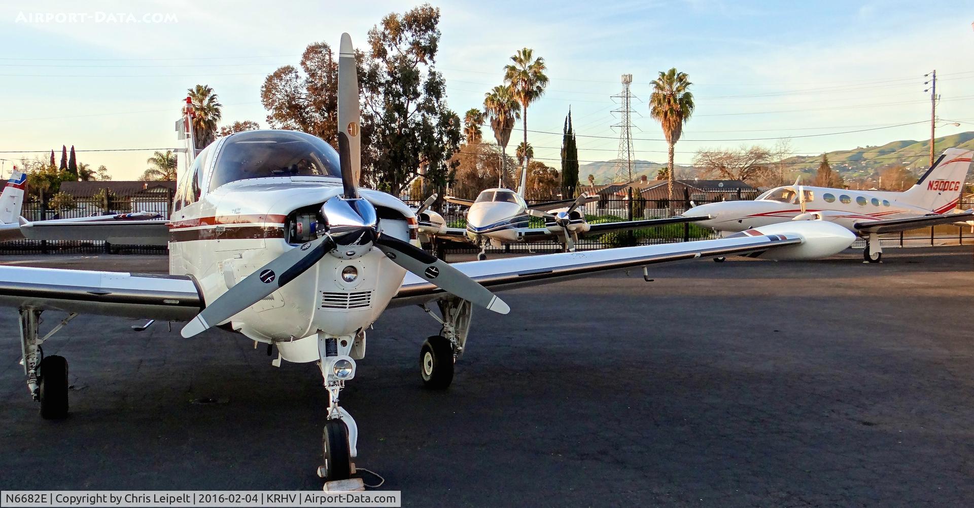 N6682E, 1979 Beech A36TC Bonanza 36 C/N EA-38, Locally-based 1979 Beechcraft A36TC Bonanza parked in front of the Lafferty Aircraft Sales hangar with many nice twins in the background at Reid Hillview Airport, San Jose, CA.