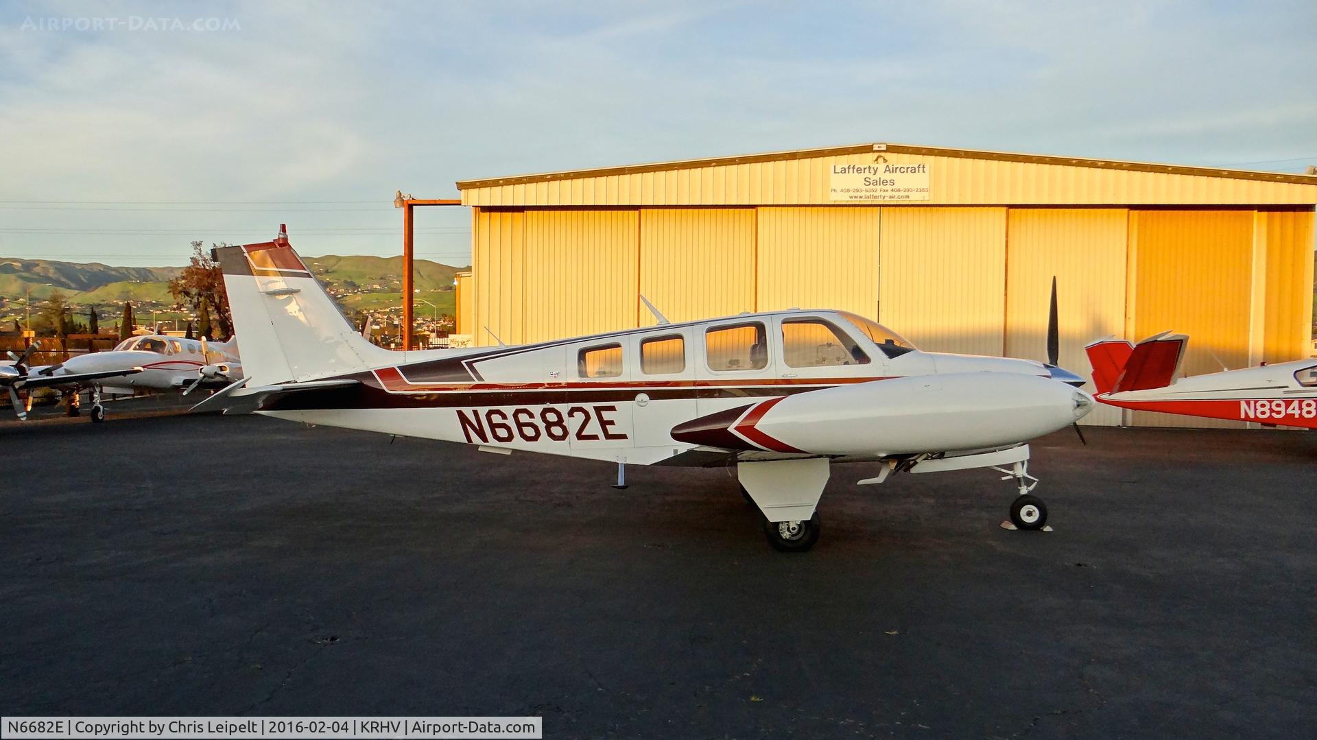 N6682E, 1979 Beech A36TC Bonanza 36 C/N EA-38, Locally-based 1979 Beechcraft A36TC Bonanza parked in front of the Lafferty Aircraft Sales at Reid Hillview Airport, San Jose, CA.