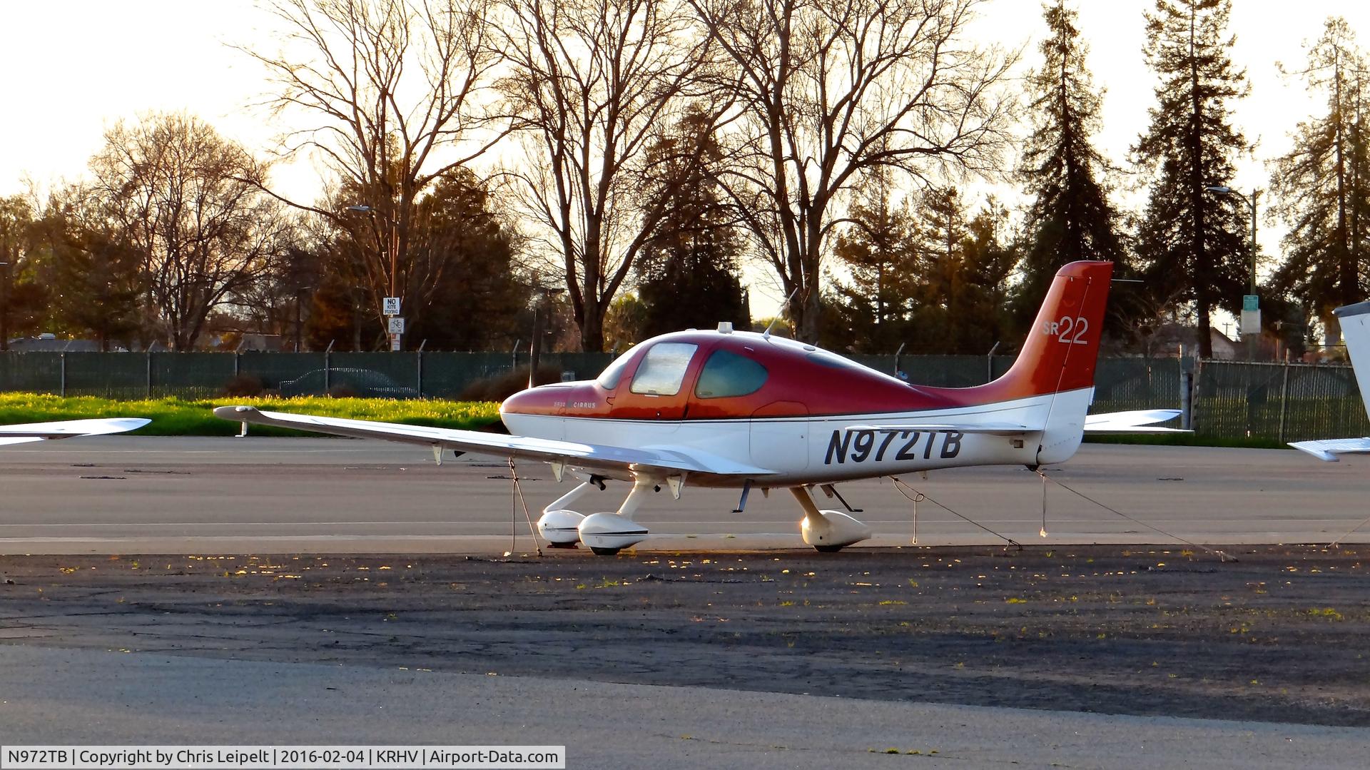 N972TB, Cirrus SR22 C/N 3778, First Class Technologies (Portland, OR) 2011 Cirrus SR22 parked at a temporary tie down (one month) at Reid Hillview Airport, San Jose, CA.