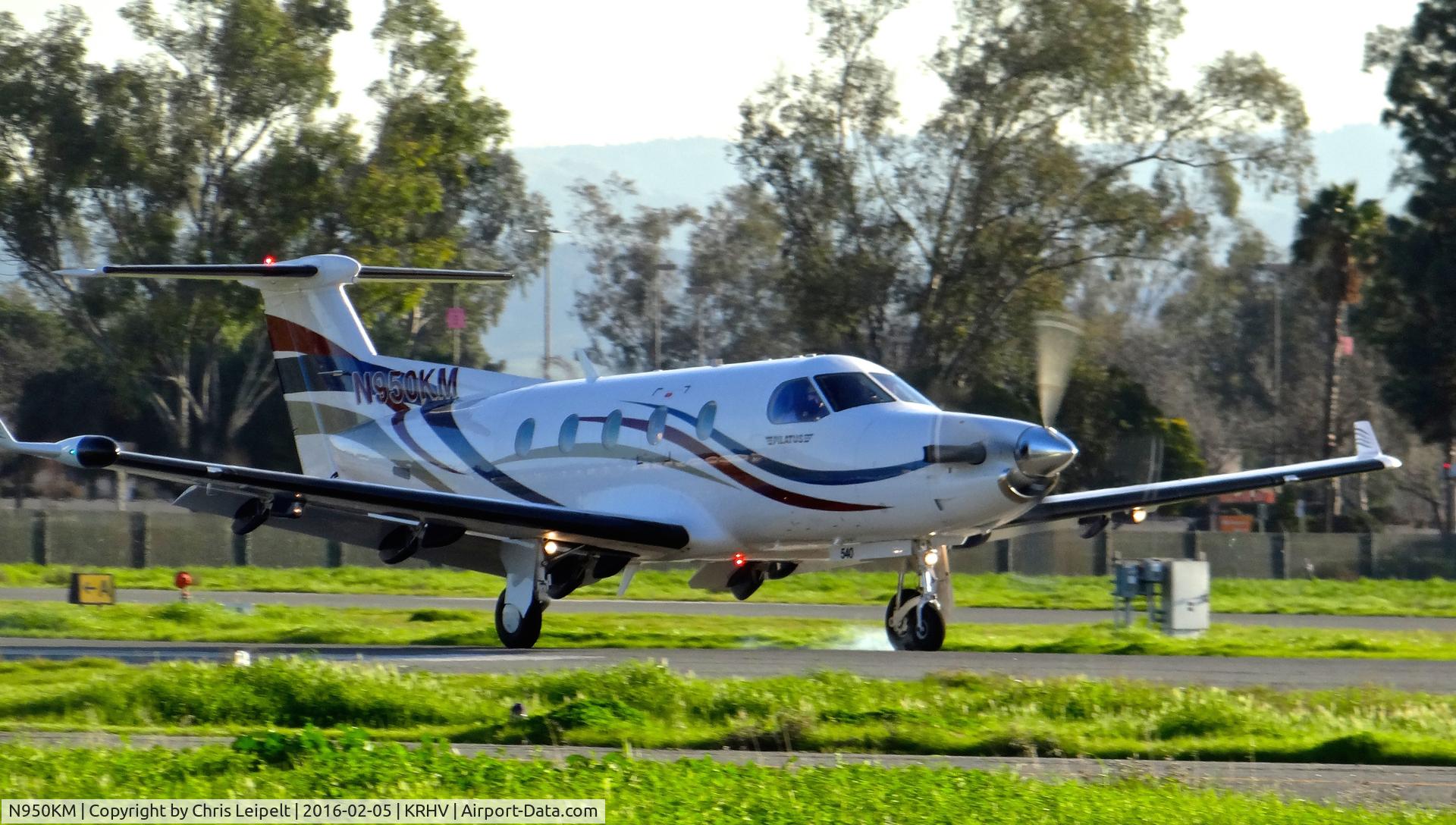 N950KM, 2004 Pilatus PC-12/45 C/N 540, Absoroka LLC (Colorado Springs, CO) 2004 Pilatus PC-12/45 touching down at Reid Hillview Airport, San Jose, CA for the 2015 Super Bowl! This was RHV's first Super Bowl transient aircraft.