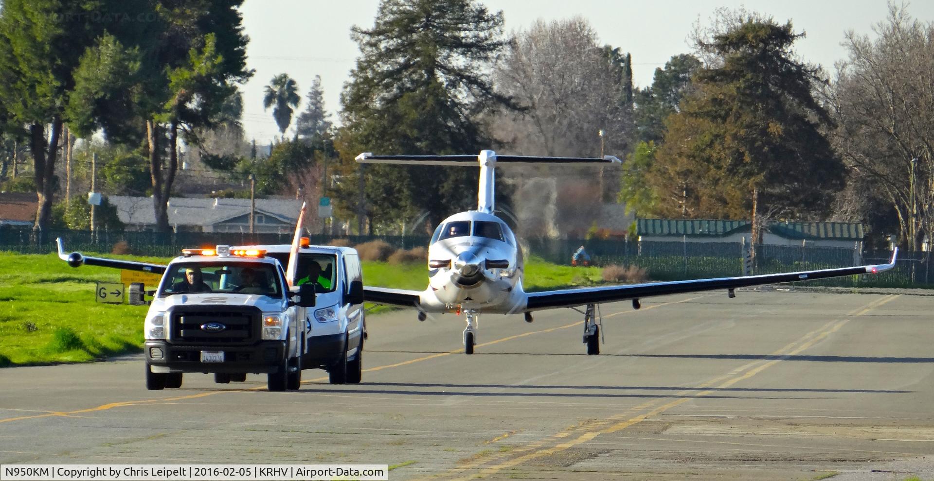 N950KM, 2004 Pilatus PC-12/45 C/N 540, Absoroka LLC (Colorado Springs, CO) 2004 Pilatus PC-12/45 taxing to the south tie downs at Reid Hillview Airport, San Jose, CA for the 2015 Super Bowl! This was RHV's first Super Bowl transient aircraft.