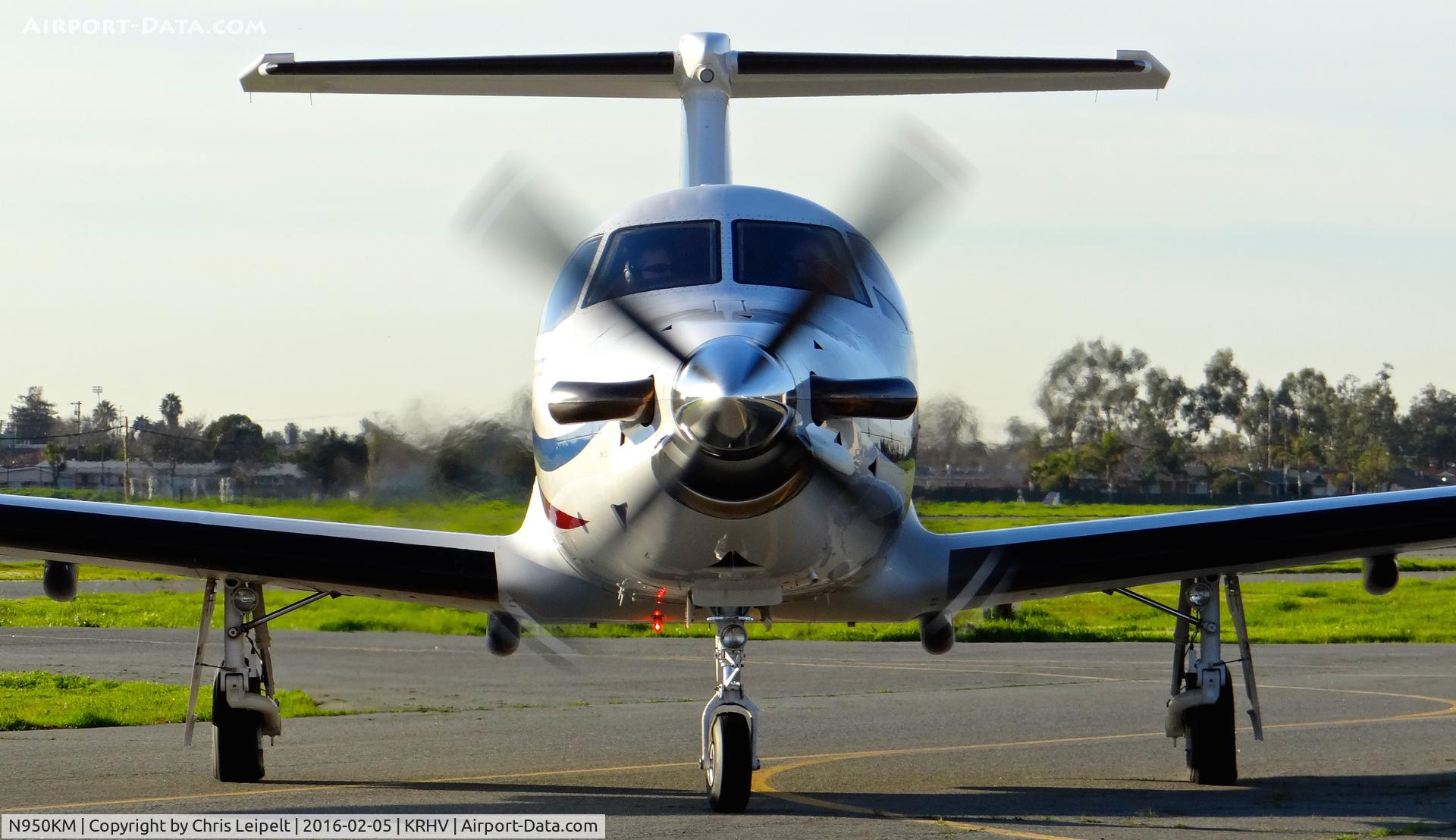 N950KM, 2004 Pilatus PC-12/45 C/N 540, Absoroka LLC (Colorado Springs, CO) 2004 Pilatus PC-12/45 taxing to the south tie downs at Reid Hillview Airport, San Jose, CA for the 2015 Super Bowl! This was RHV's first Super Bowl transient aircraft. Going head on!!