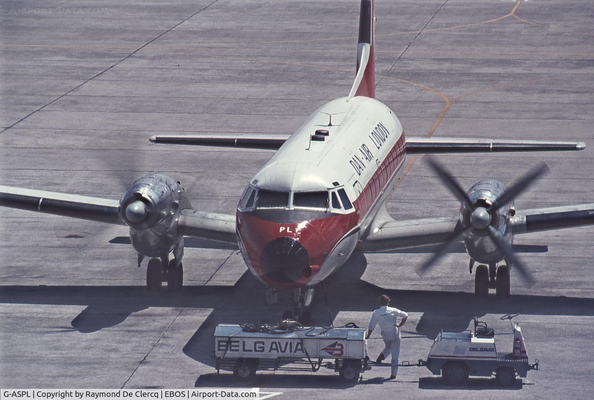 G-ASPL, 1964 Hawker Siddeley HS.748 Series 2A C/N 1560, Start-up of the engines at Ostend Airport in mid-1970s.