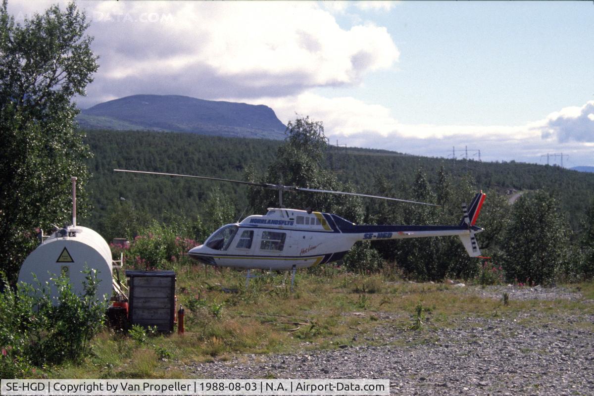 SE-HGD, 1975 Agusta AB-206B C/N 8478, Agusta-Bell 206B helicopter of Norrlandsflyg parked at Ritsem Fjällstation, Lapland, northern Sweden