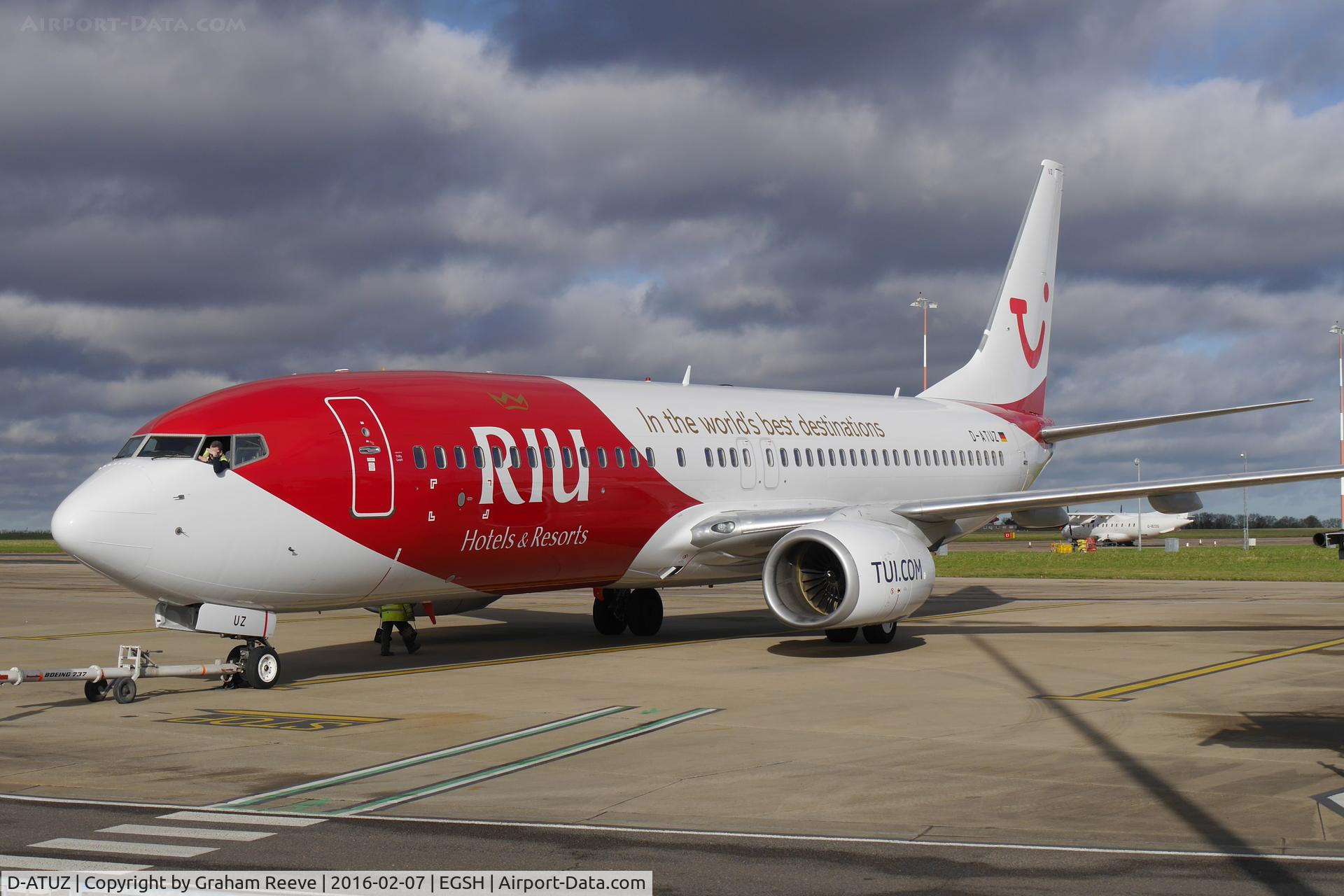 D-ATUZ, 2007 Boeing 737-8K5 C/N 34691, On stand at Norwich in a new colour scheme.