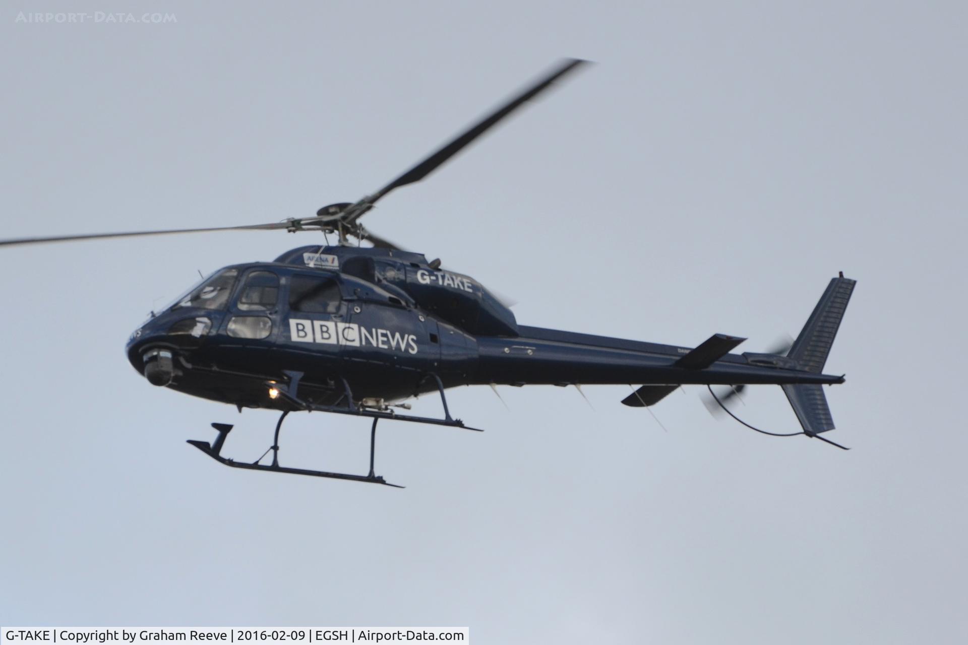G-TAKE, 1981 Aerospatiale AS-355F-1 Ecureuil 2 C/N 5088, Landing at Norwich.